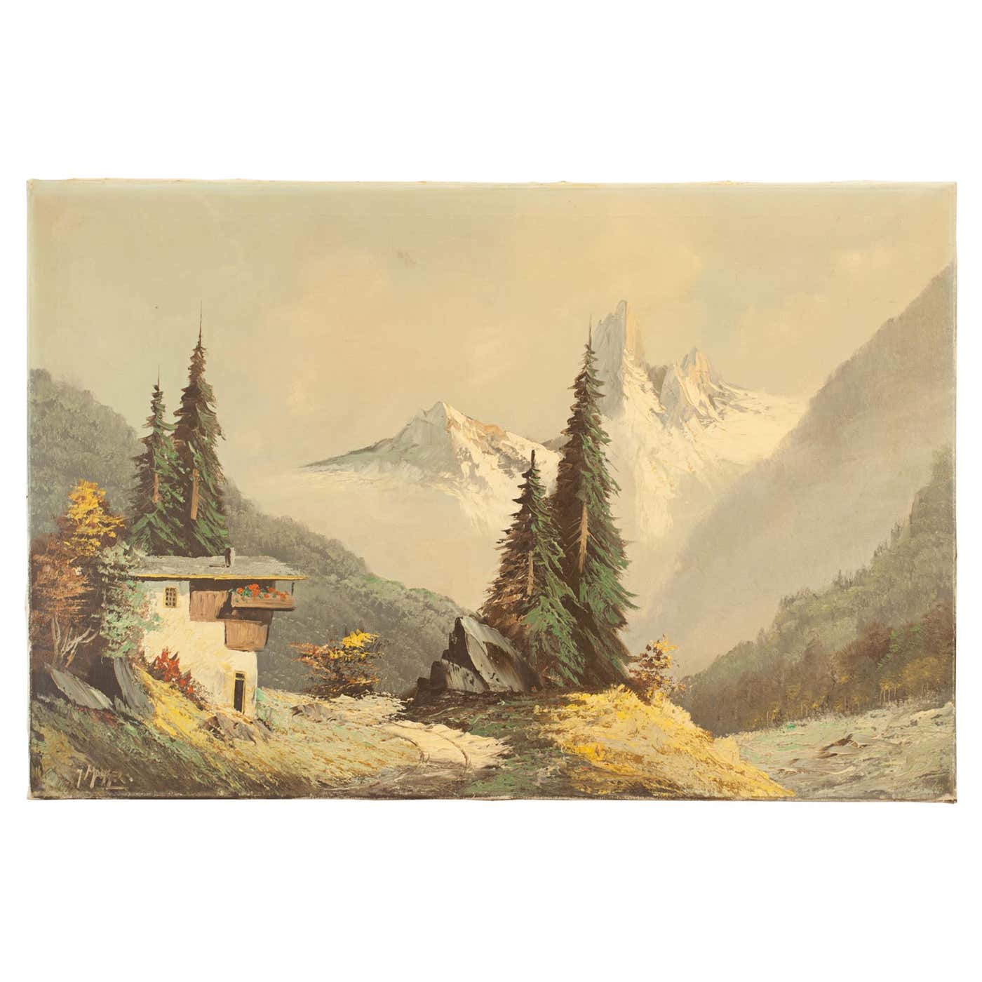 Alpine Oil Painting Winter Landscape with Chalet For Sale at 1stDibs