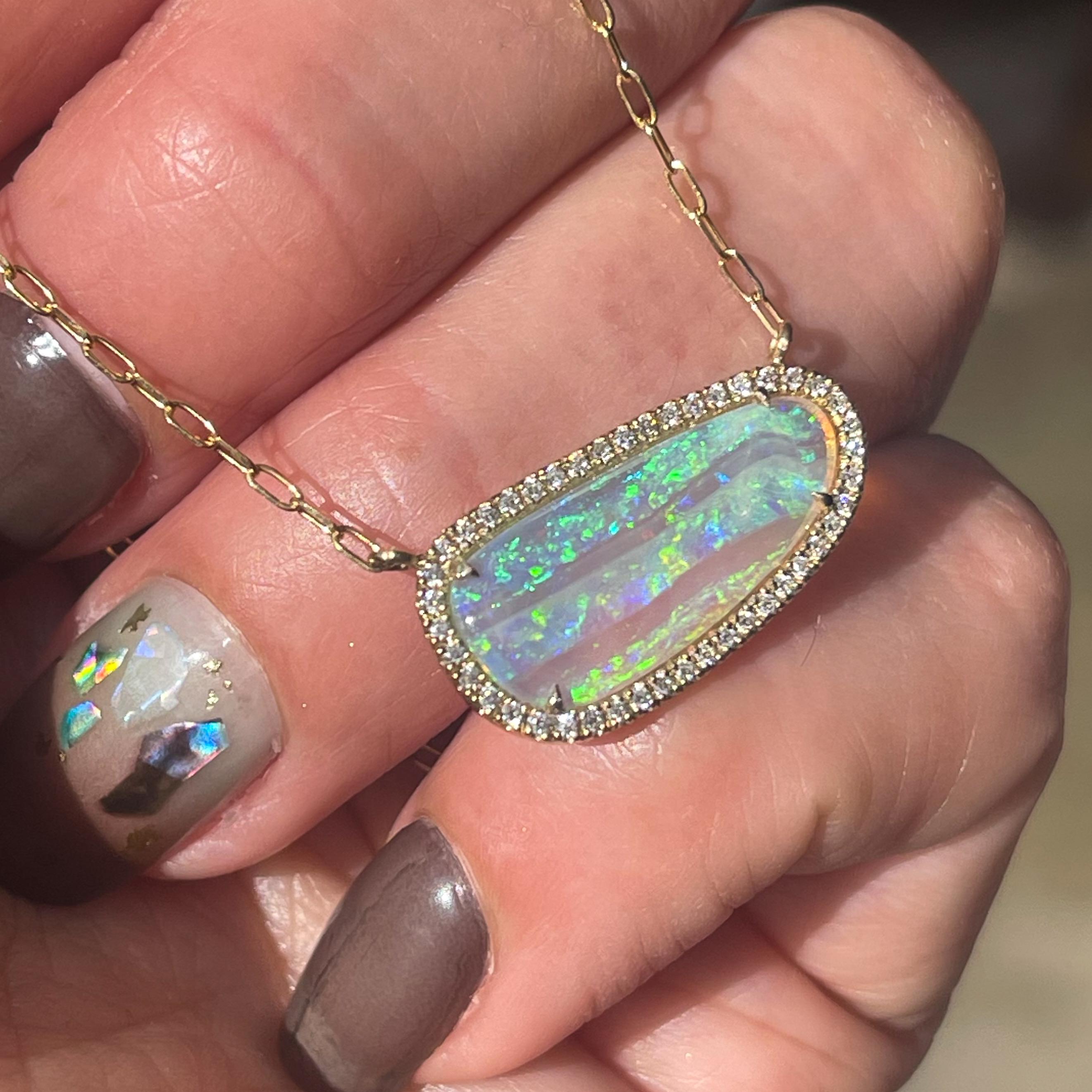 Contemporary Alpine Reverie Australian Opal Necklace with Diamonds in 14k Gold, NIXIN Jewelry For Sale
