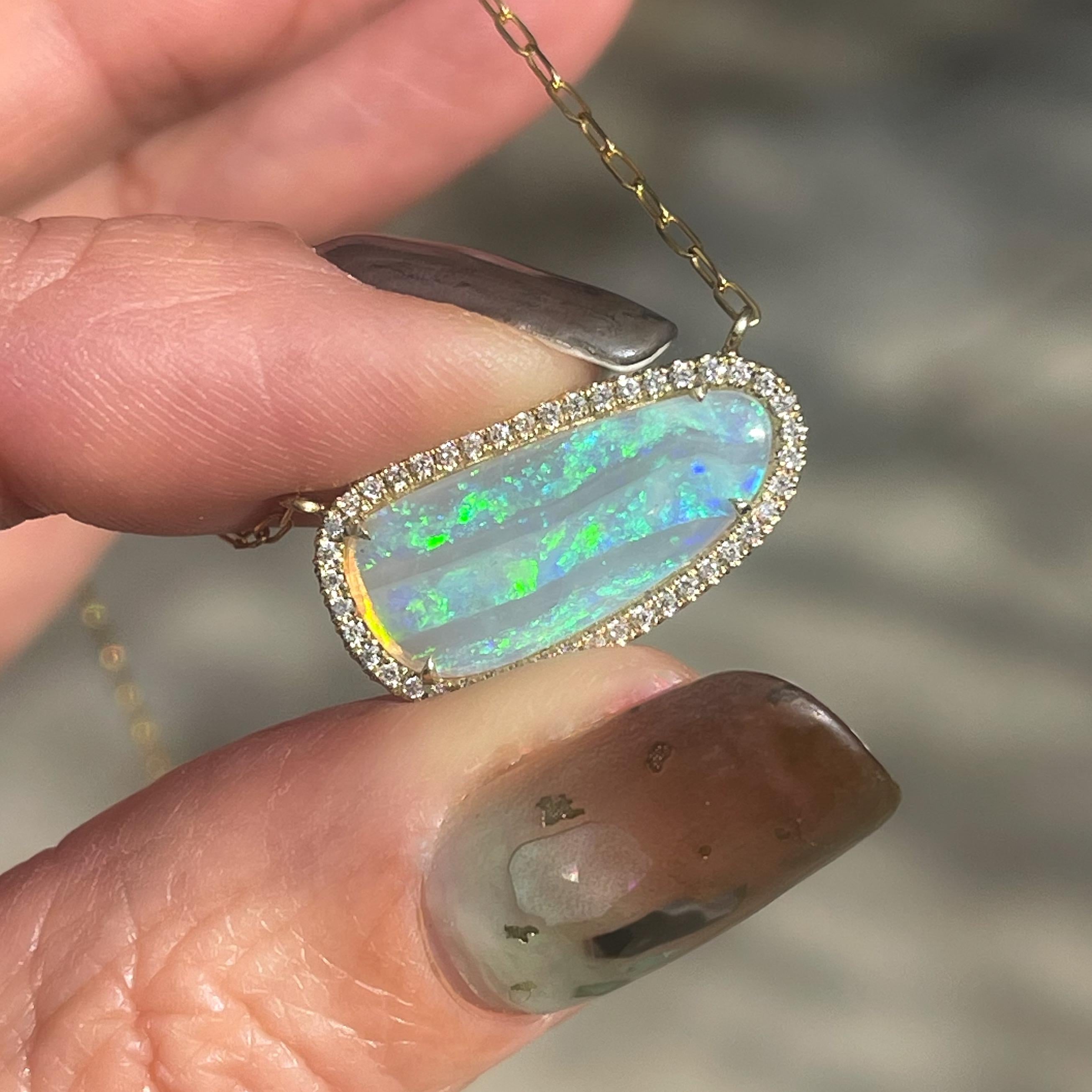 Women's Alpine Reverie Australian Opal Necklace with Diamonds in 14k Gold, NIXIN Jewelry For Sale