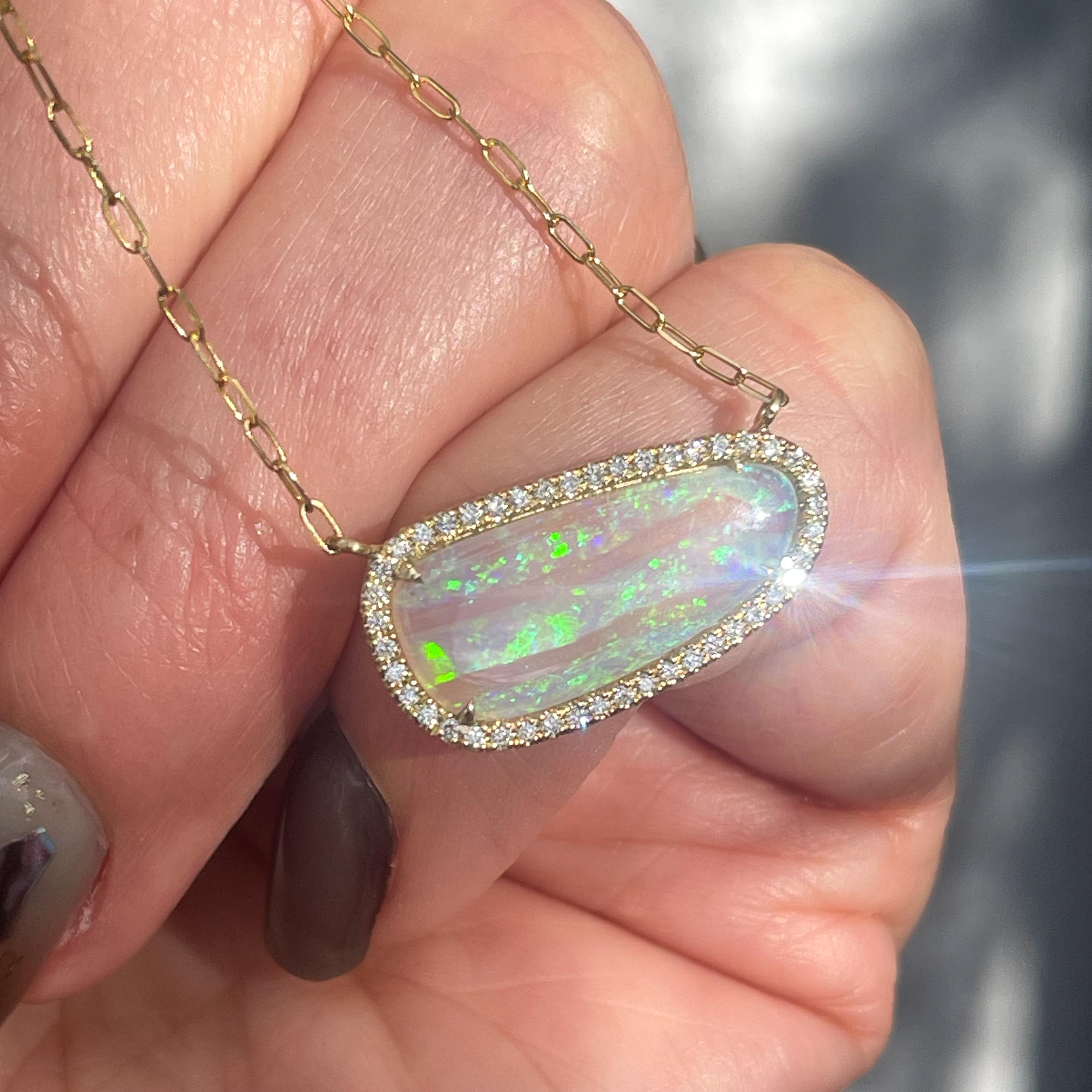 Alpine Reverie Australian Opal Necklace with Diamonds in 14k Gold, NIXIN Jewelry For Sale 2