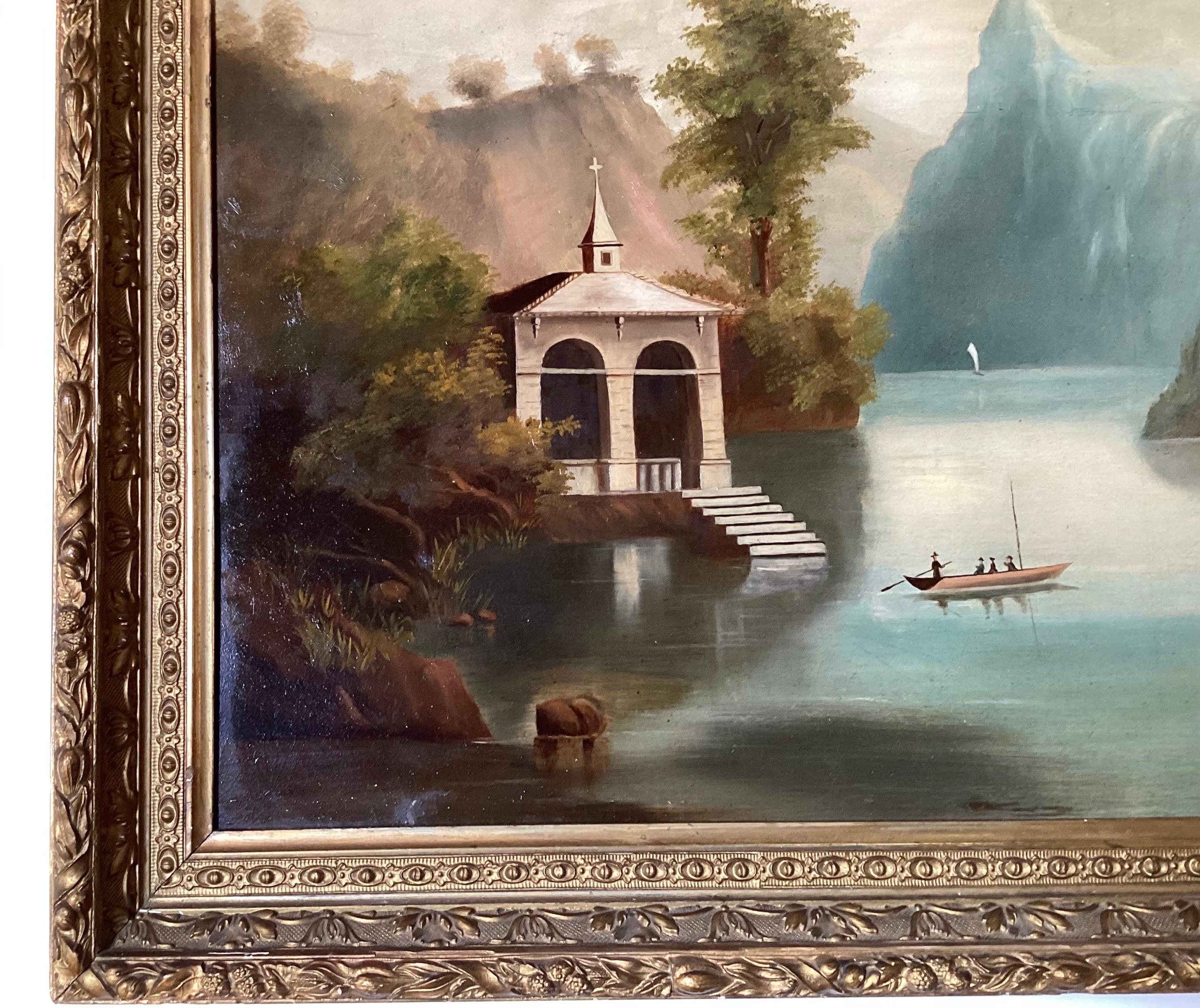 Antique oil painting on board, Alpine School (19th century), Switzerland river landscape with chapel and mountains, unsigned. The original Gilt wood frame with large 18 3/4 x 24 1/2 painting, total measurement 23 inches x 29 inches.