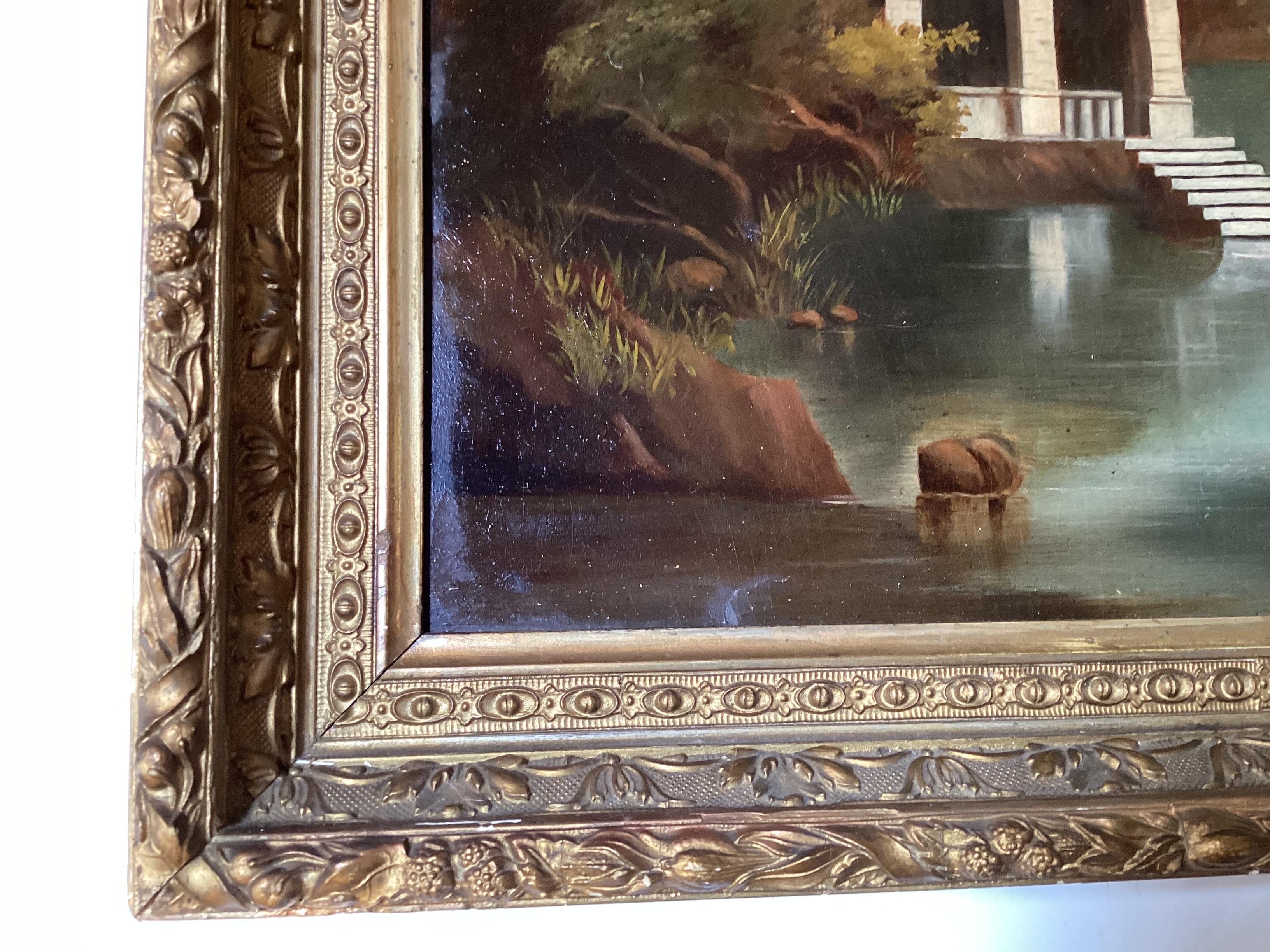 Giltwood Alpine School 19th Century Oil Painting of Chapel on a Swiss River For Sale