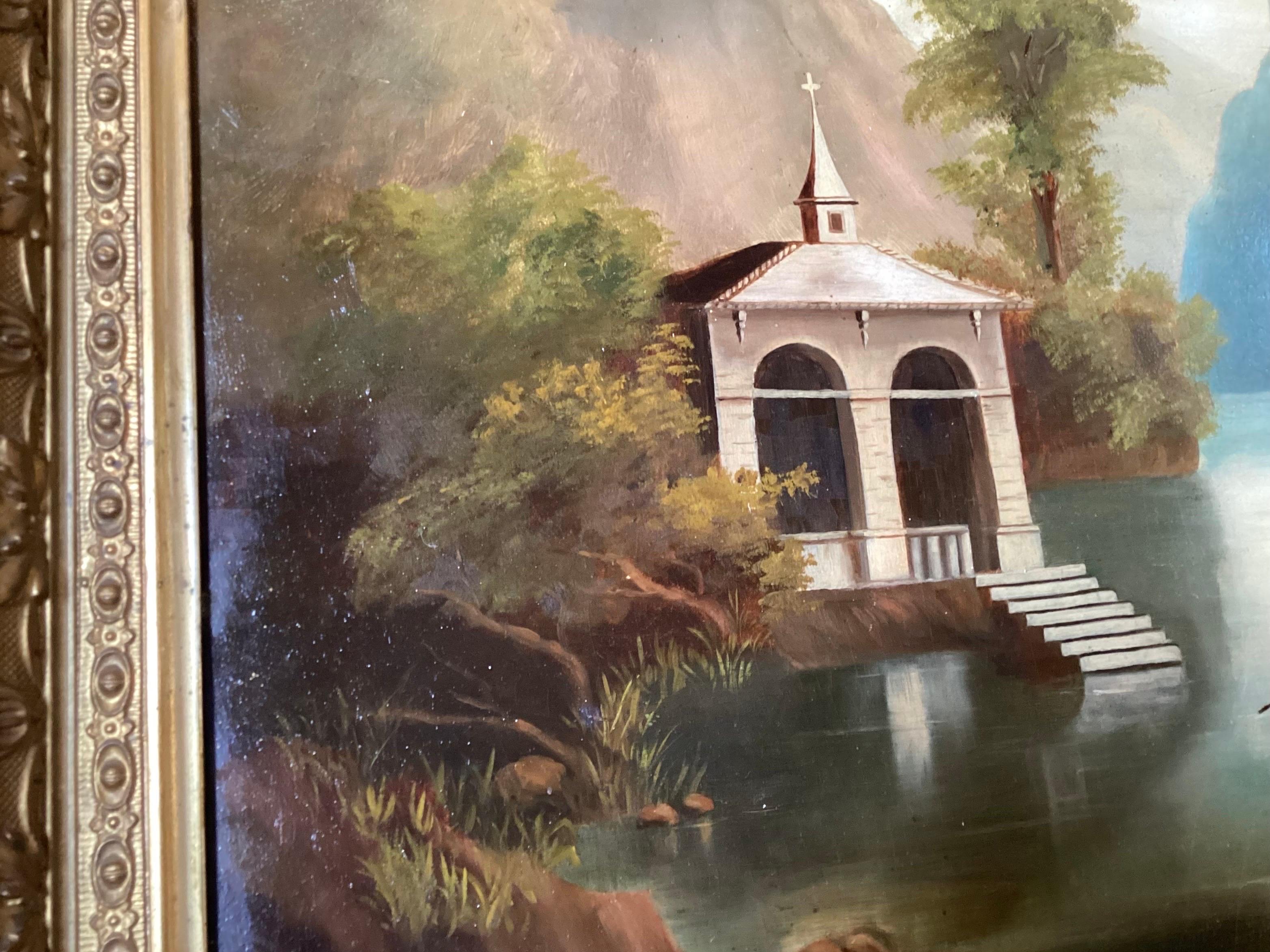 Alpine School 19th Century Oil Painting of Chapel on a Swiss River For Sale 2