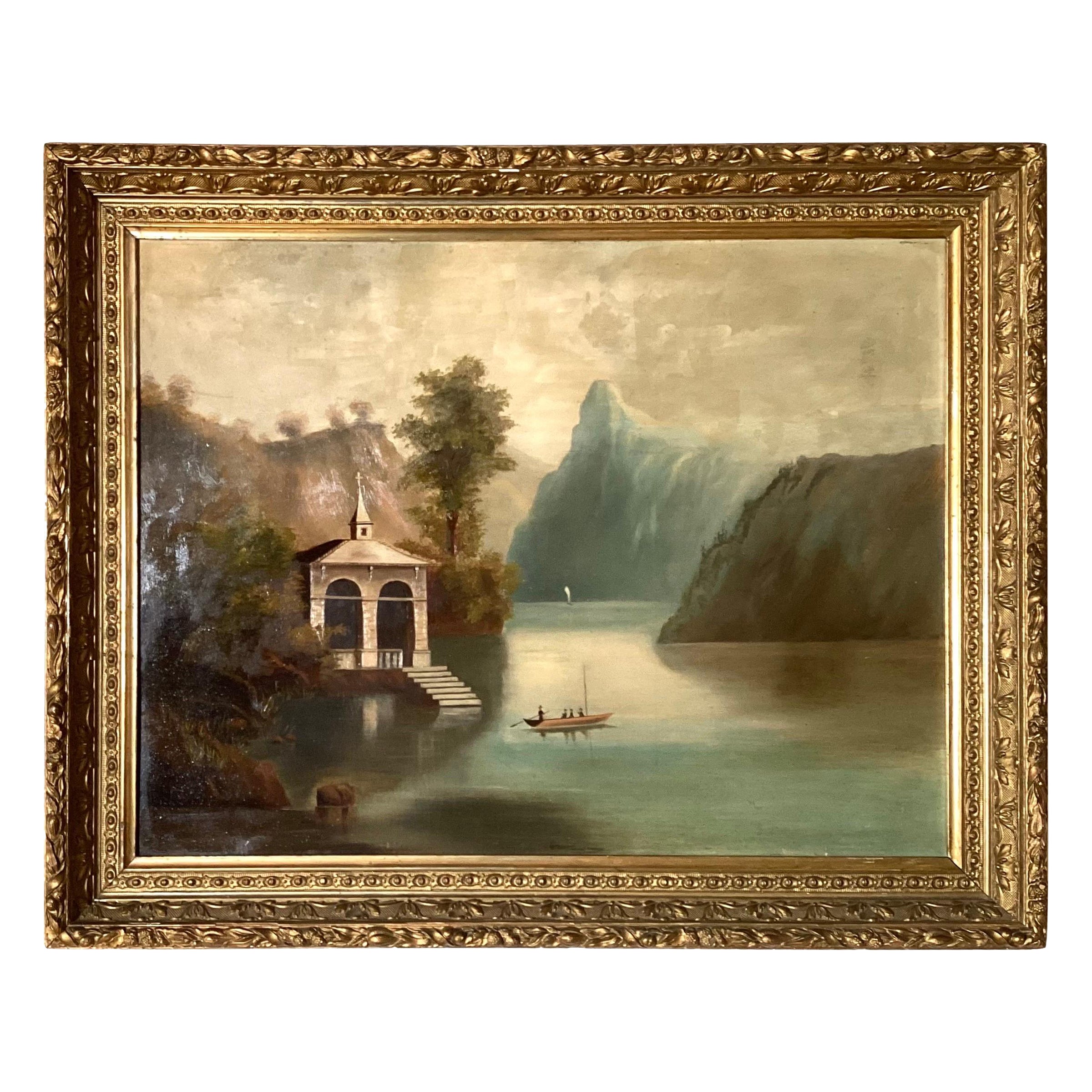 Pittura ad olio della Scuola Alpina del XIX secolo raffigurante una cappella su un fiume svizzero in vendita
