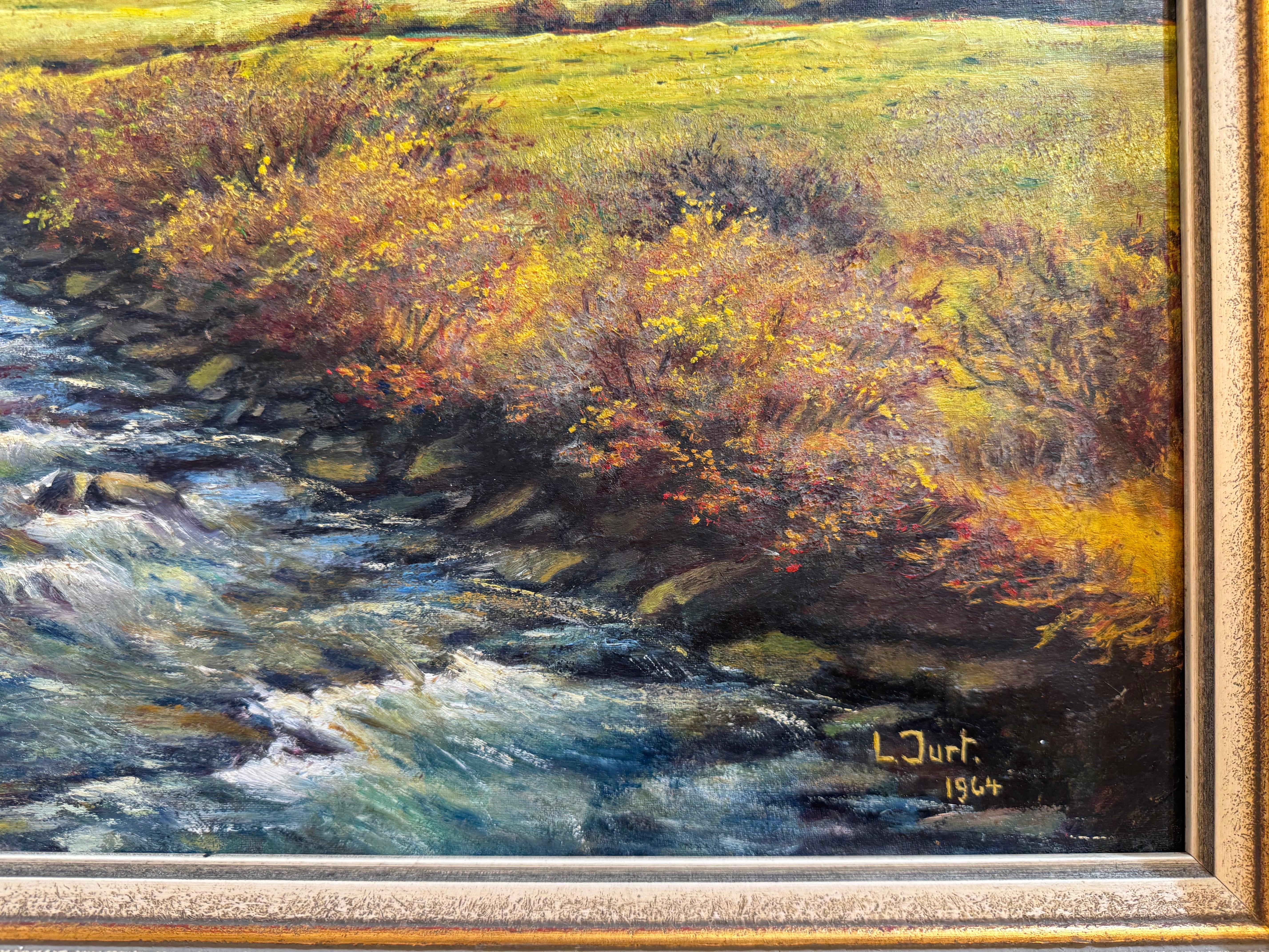 Paisaje escolar alpino de L. Jurt, 1964 - Pintura al óleo de montañas suizas en venta 5