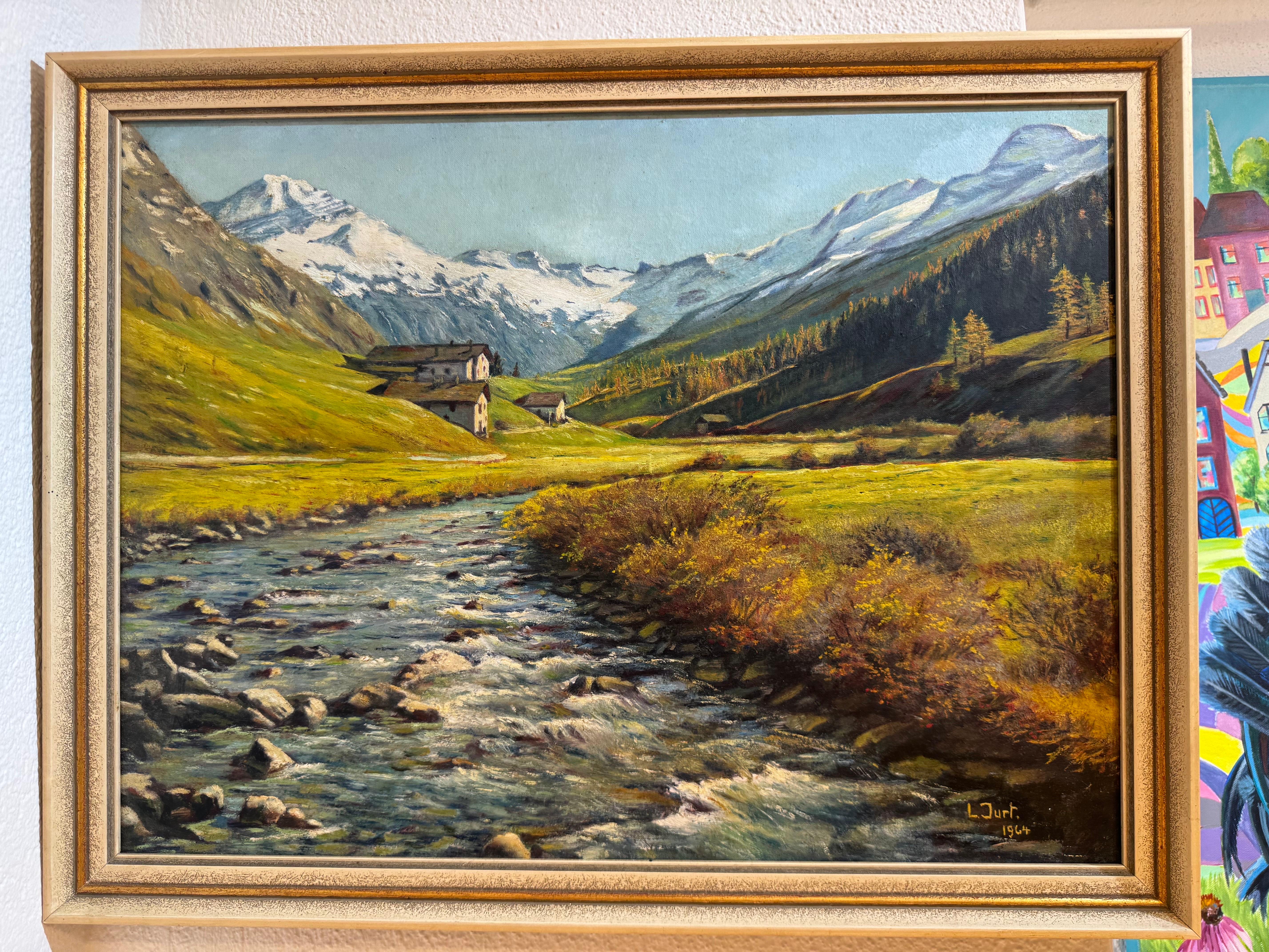 Paisaje escolar alpino de L. Jurt, 1964 - Pintura al óleo de montañas suizas en venta 1