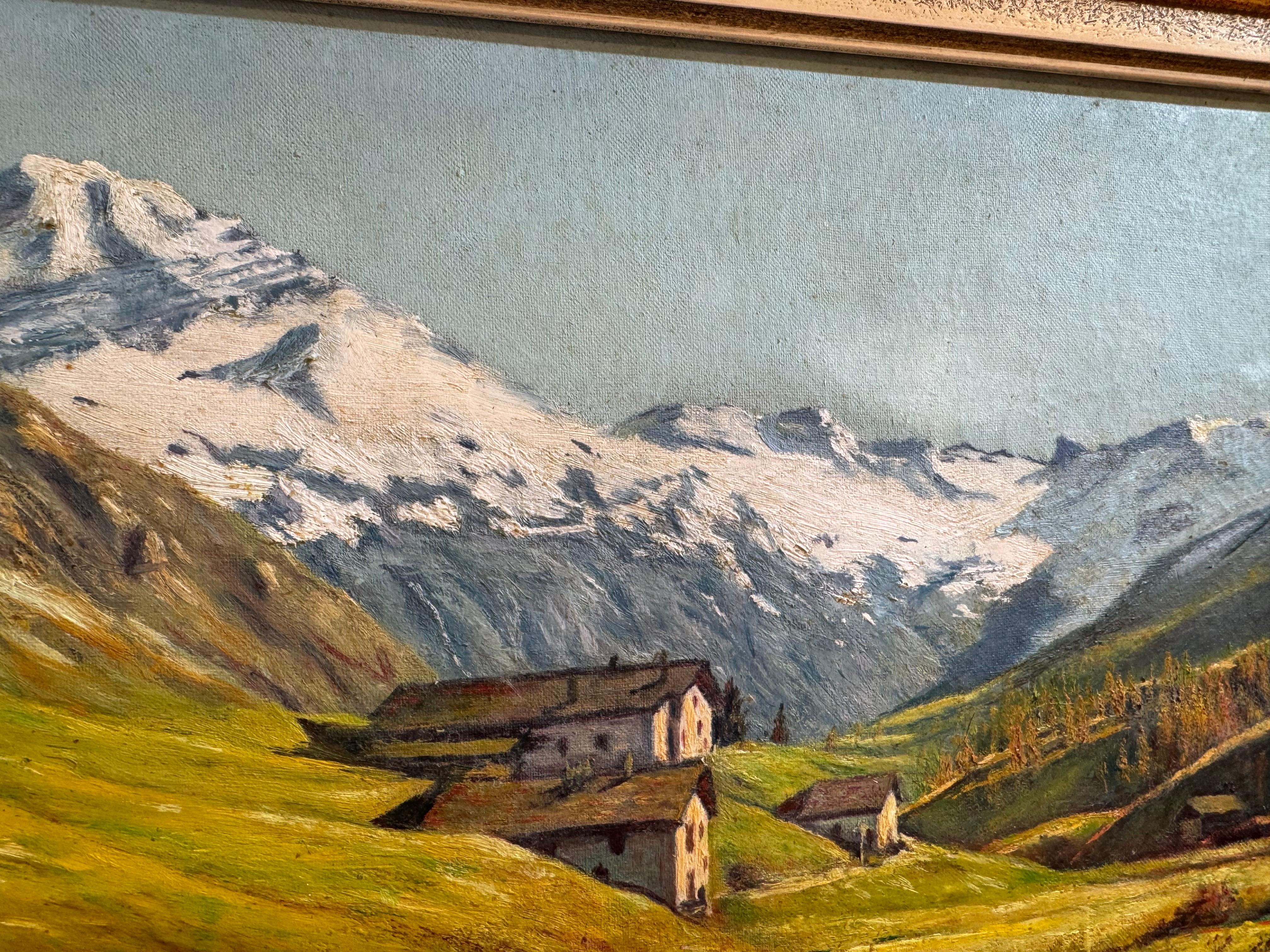 Paisaje escolar alpino de L. Jurt, 1964 - Pintura al óleo de montañas suizas en venta 2