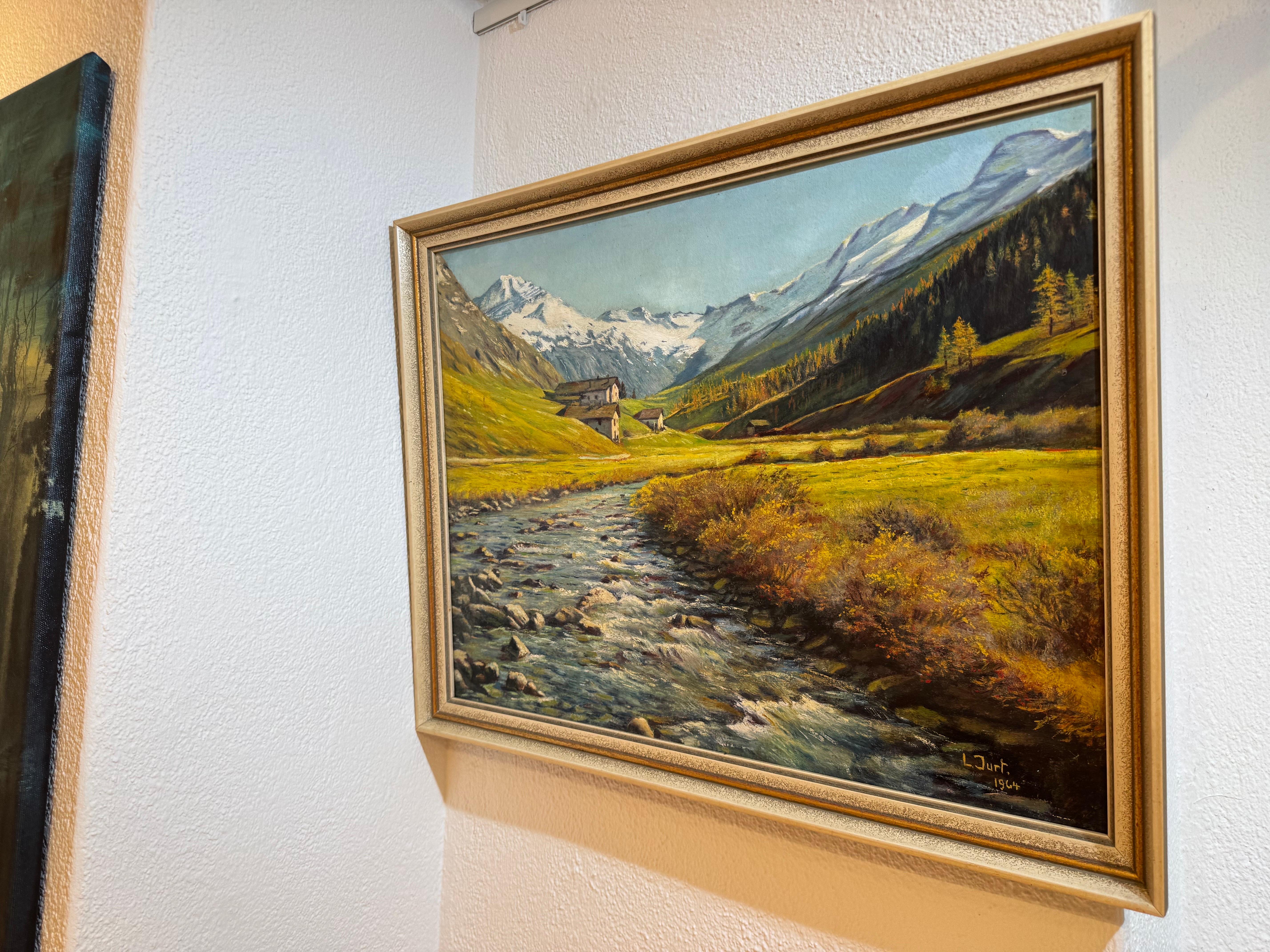 Paisaje escolar alpino de L. Jurt, 1964 - Pintura al óleo de montañas suizas en venta 4
