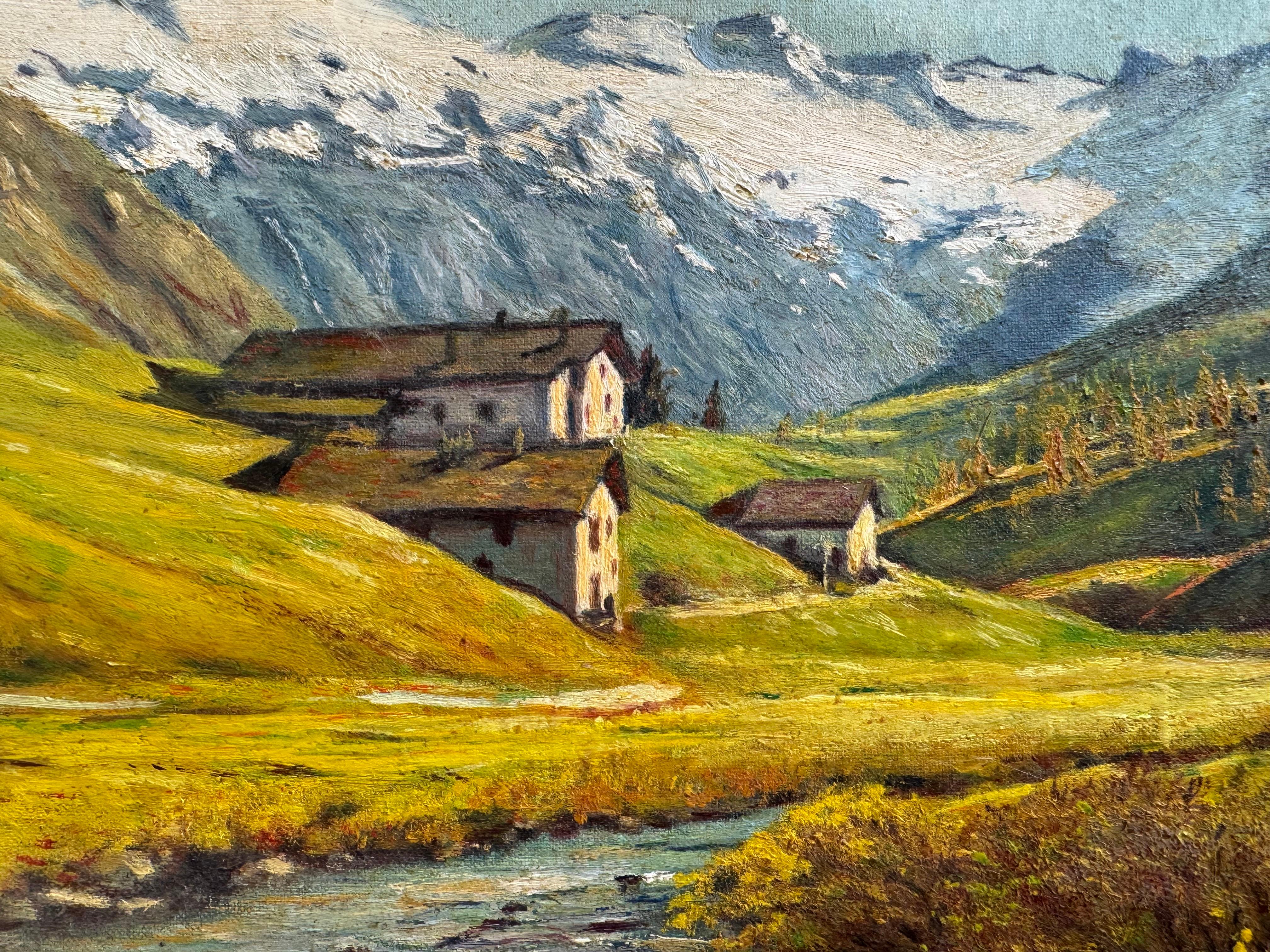 Paisaje escolar alpino de L. Jurt, 1964 - Pintura al óleo de montañas suizas - Painting de Alpine School Swiss and Tyrolean 20th Century