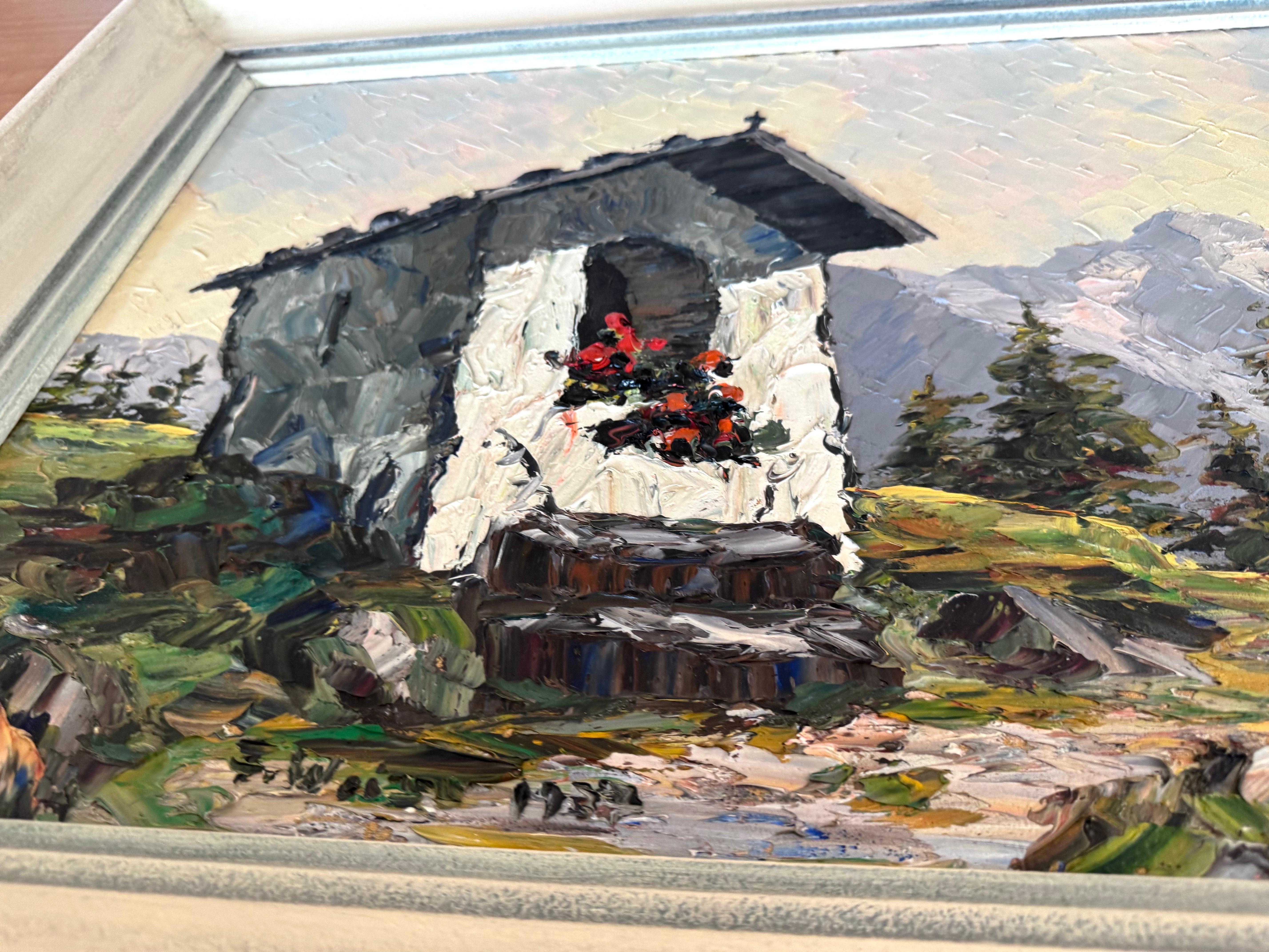 Chapel in the Alps – Original Oil Painting, Alpine School, 1937. Signed F. Weitz For Sale 8
