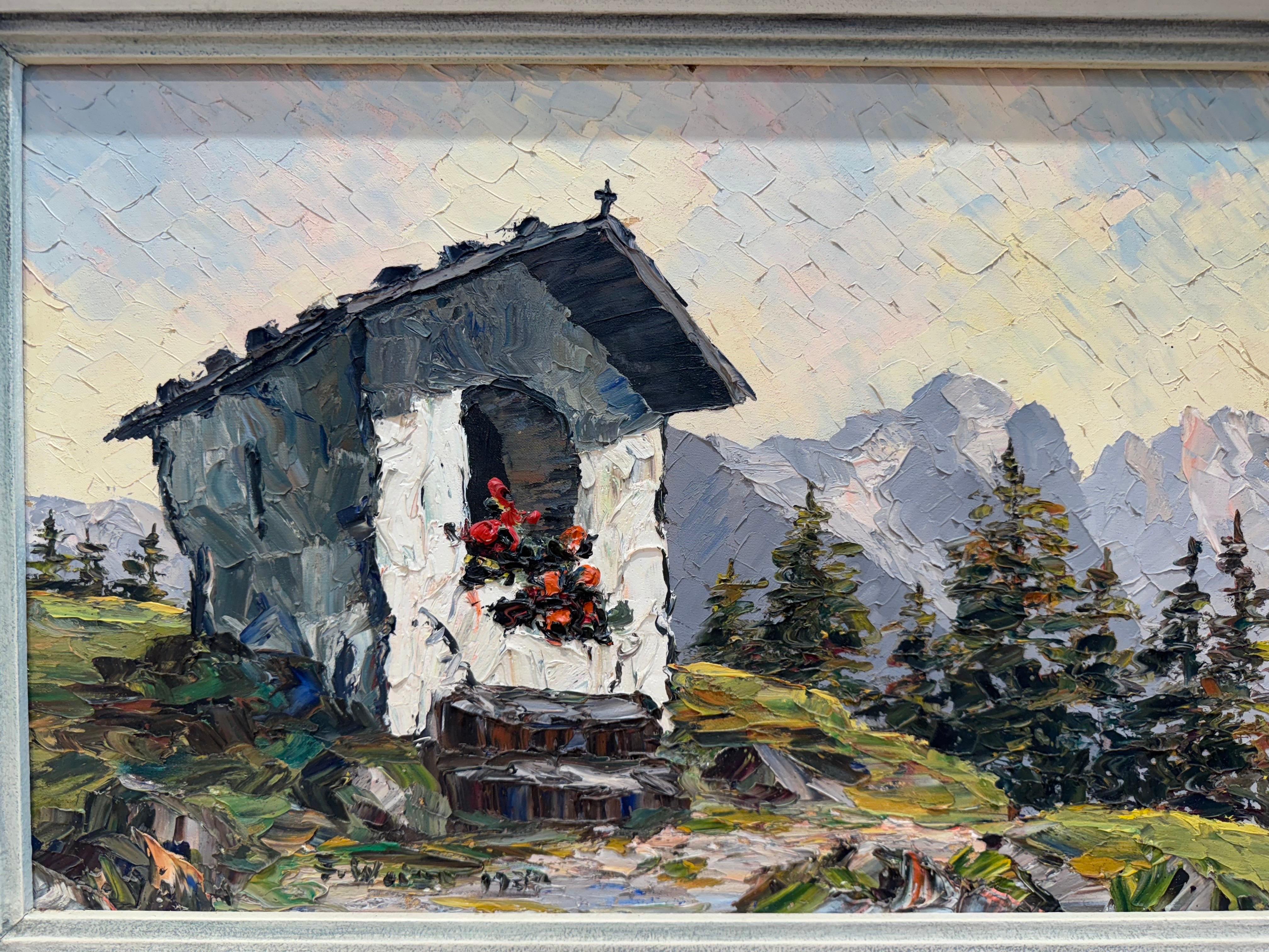 Chapel in the Alps – Original Oil Painting, Alpine School, 1937. Signed F. Weitz For Sale 16