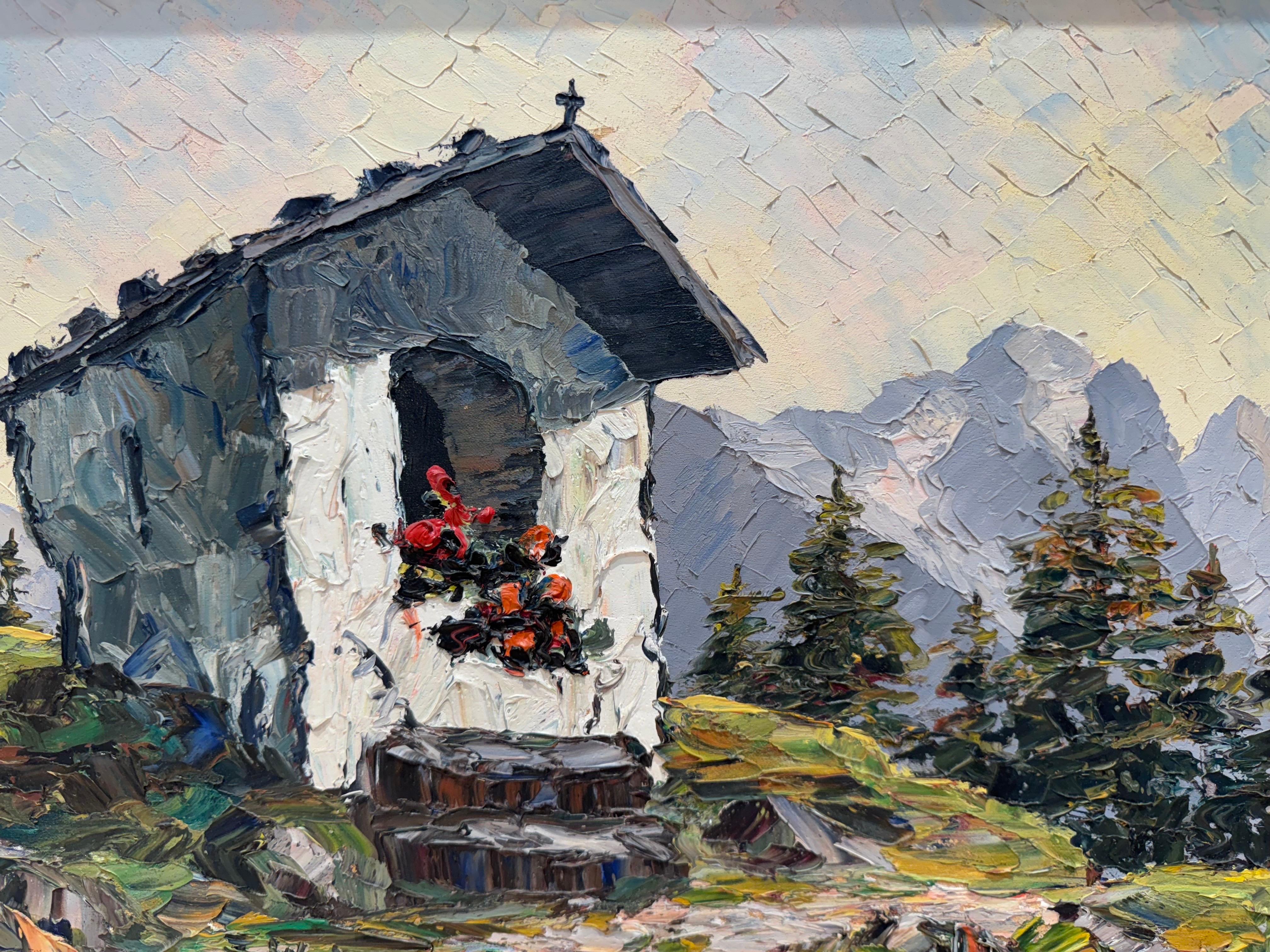 Chapel in the Alps – Original Oil Painting, Alpine School, 1937. Signed F. Weitz - Gray Landscape Painting by Alpine School (Swiss & Tyrolean, 20th century)