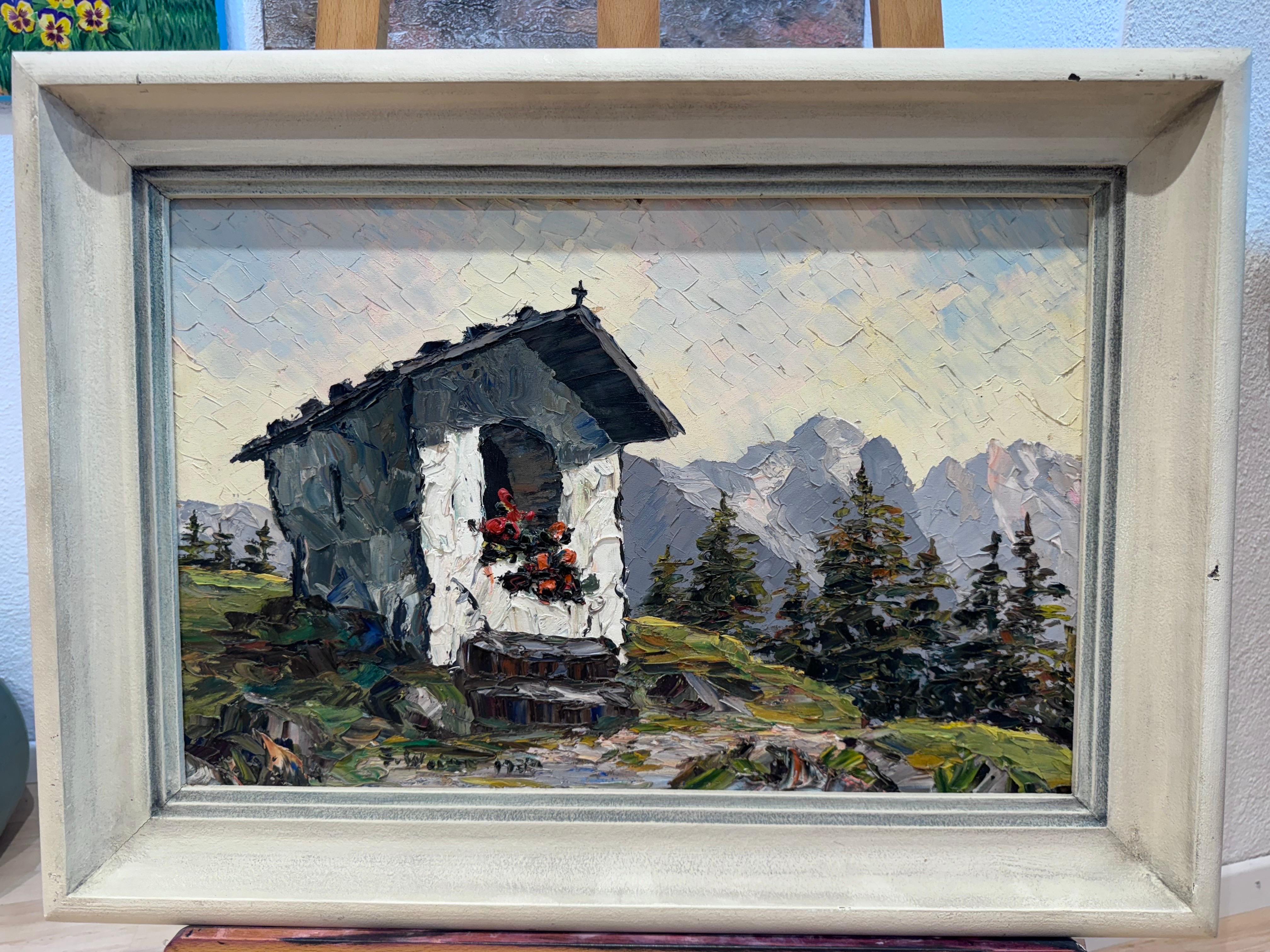Chapel in the Alps – Original Oil Painting, Alpine School, 1937. Signed F. Weitz For Sale 1