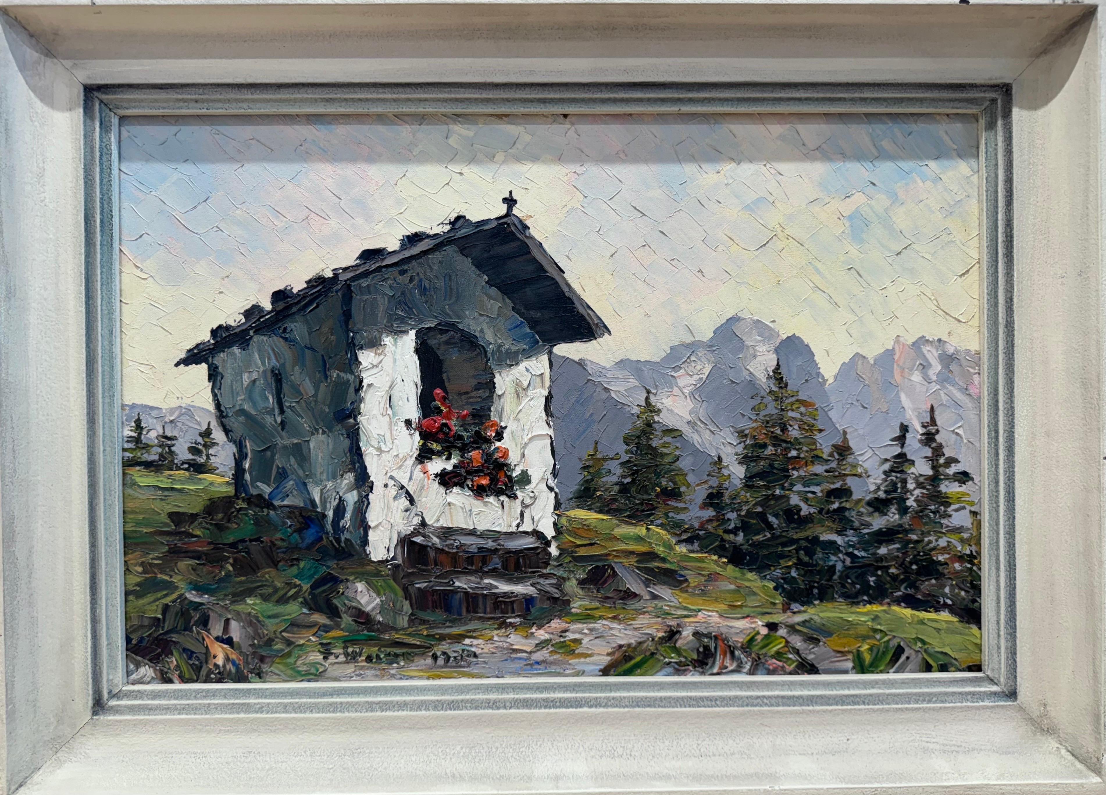 Chapel in the Alps – Original Oil Painting, Alpine School, 1937. Signed F. Weitz For Sale 2