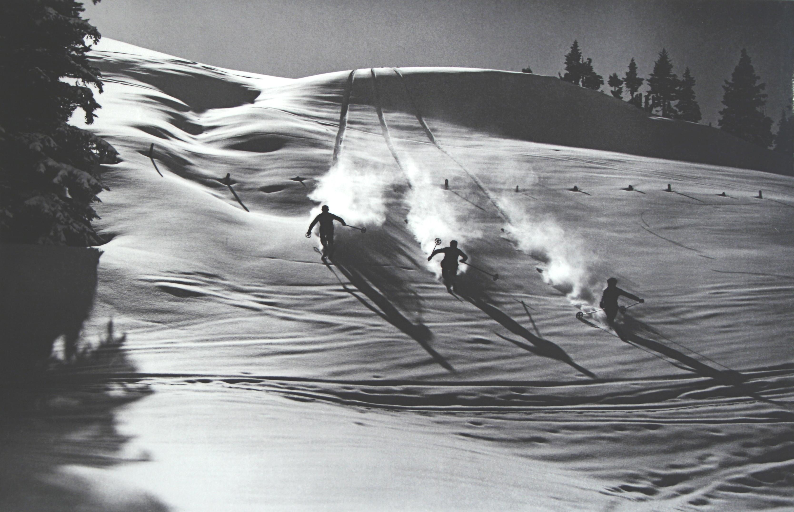 British Alpine Ski Photograph, 'Descent in Powder' Taken from Original 1930s Photograph