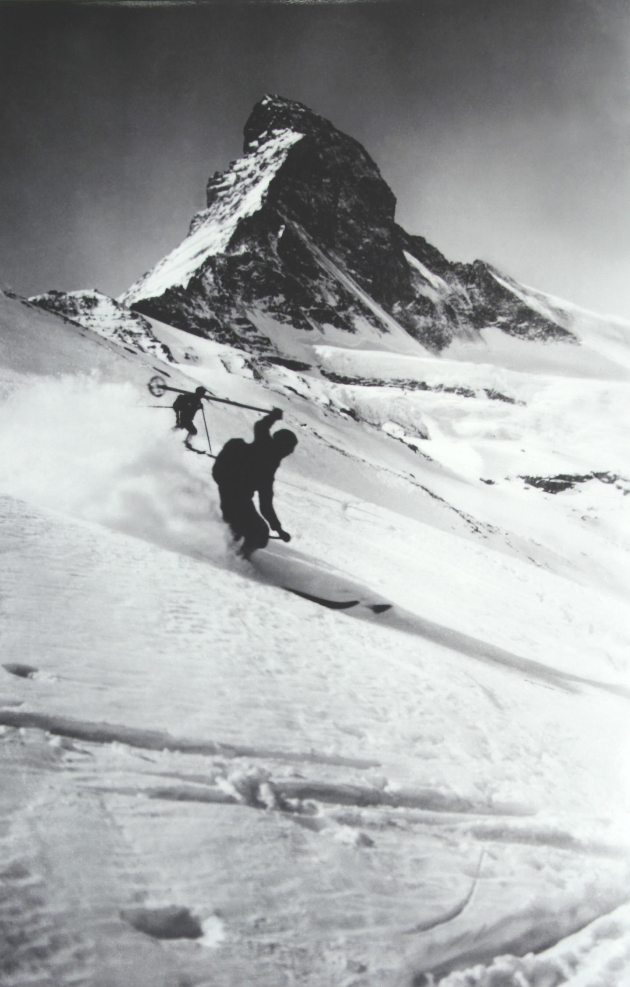 Vintage, antique alpine ski photograph.
'Matterhorn & Skiers', a new mounted black and white photographic image after an original 1930s skiing photograph. Black abd white alpine photos are the perfect addition to any home or ski lodge, so please do