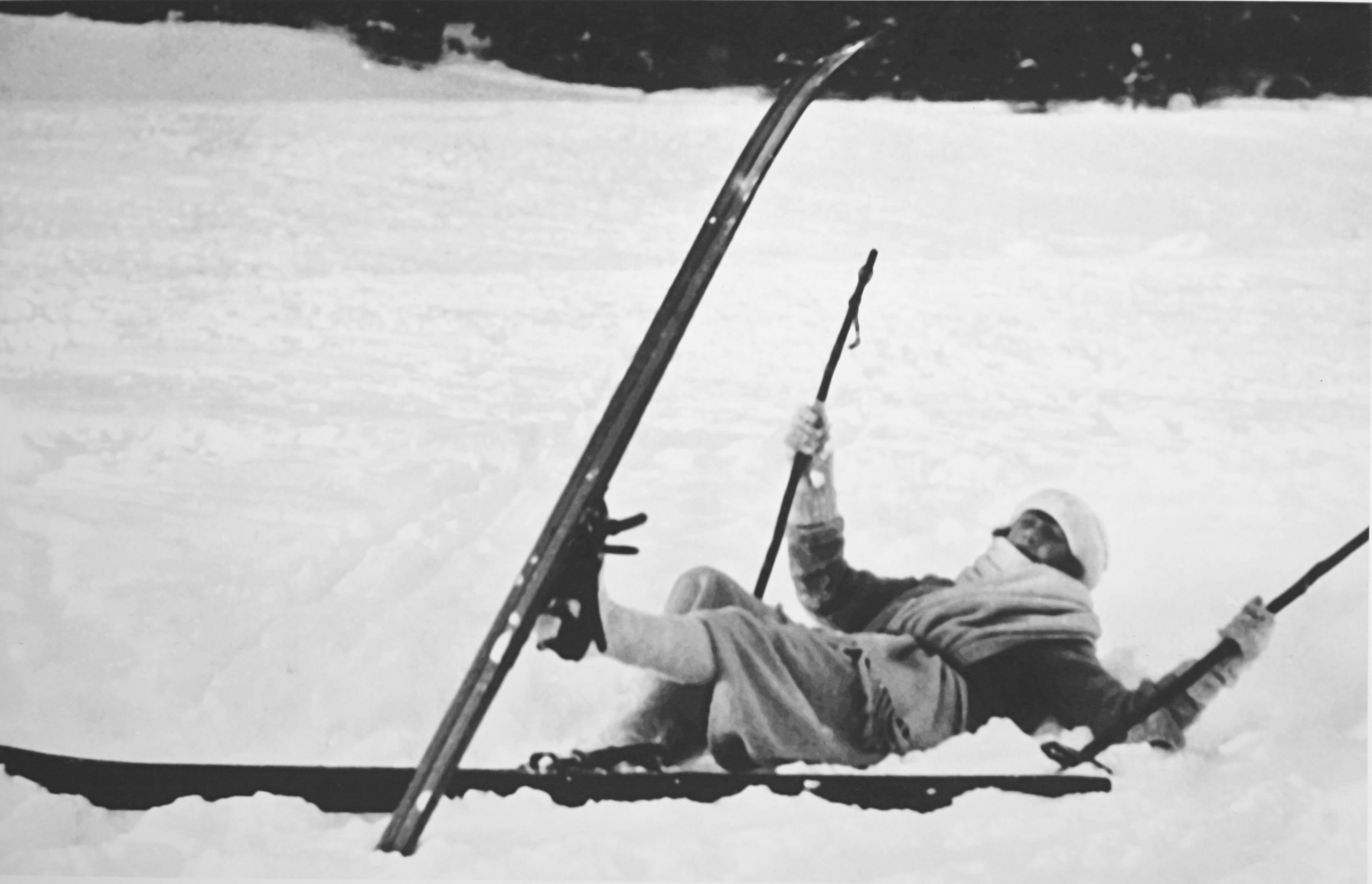 Alpine Ski photograph.
'OPPS!', a new mounted black and white photographic image after an original 1930s skiing photograph. Black and white alpine photos are the perfect addition to any home or ski lodge. Prior to being a recreational activity