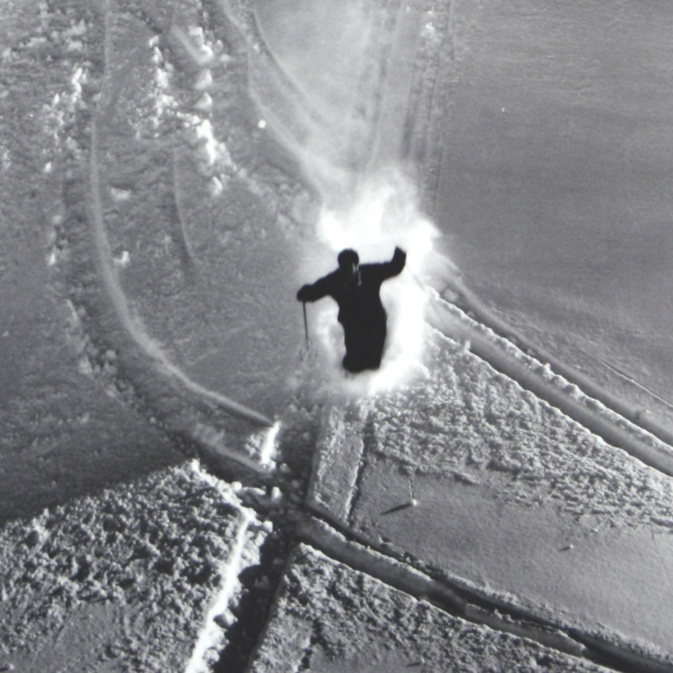 Alpine Ski photograph.
'SCHEIDEGG', a new mounted black and white photographic image after an original 1930s skiing photograph. Prior to being a recreational activity skiing was purely a means of travelling from A to B through the snow, it only