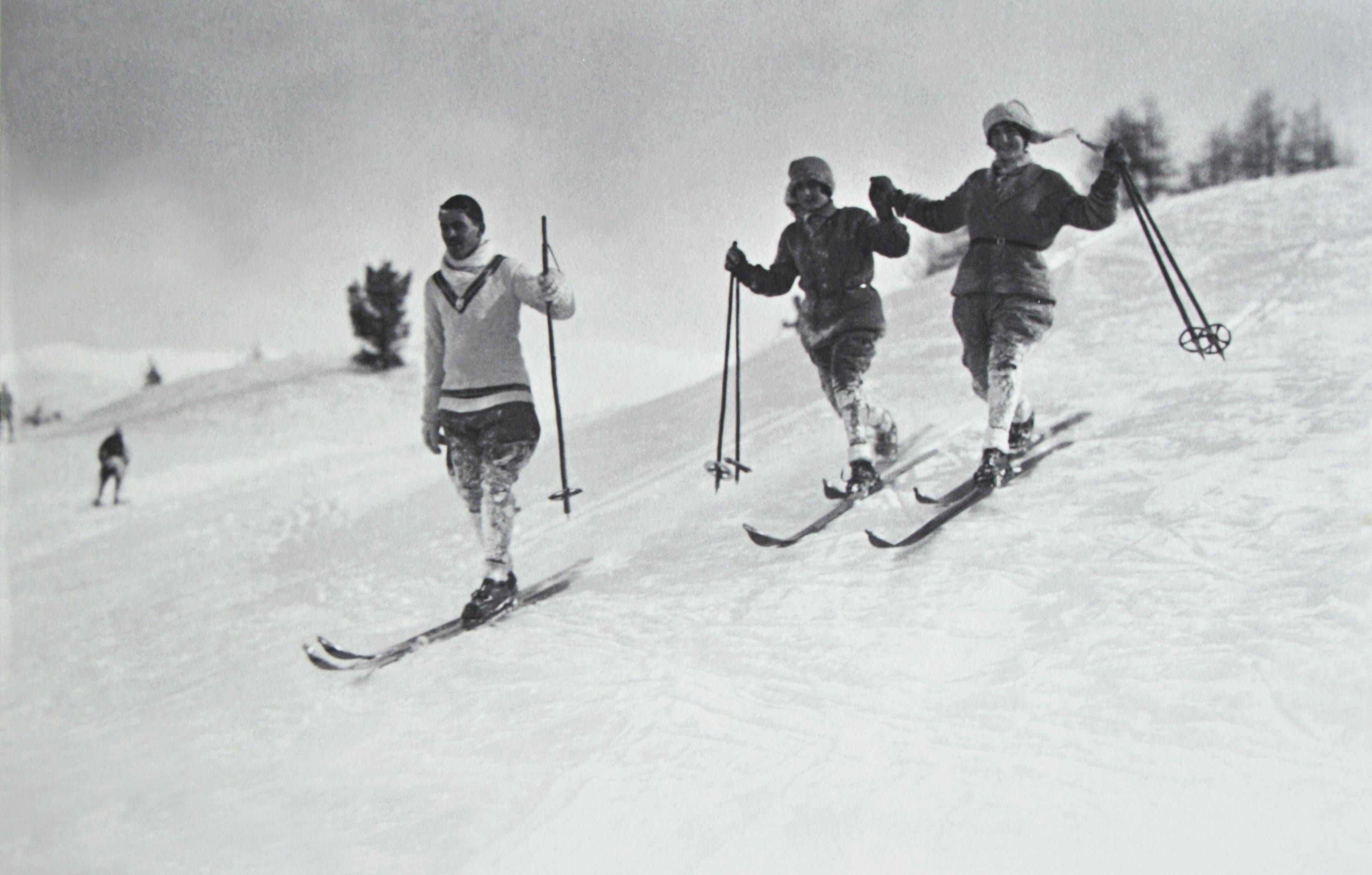 Alpine Ski photograph.
'St. MORITZ', a new mounted black and white photographic image after an original 1930s skiing photograph. Prior to being a recreational activity skiing was purely a means of travelling from A to B through the snow, it only