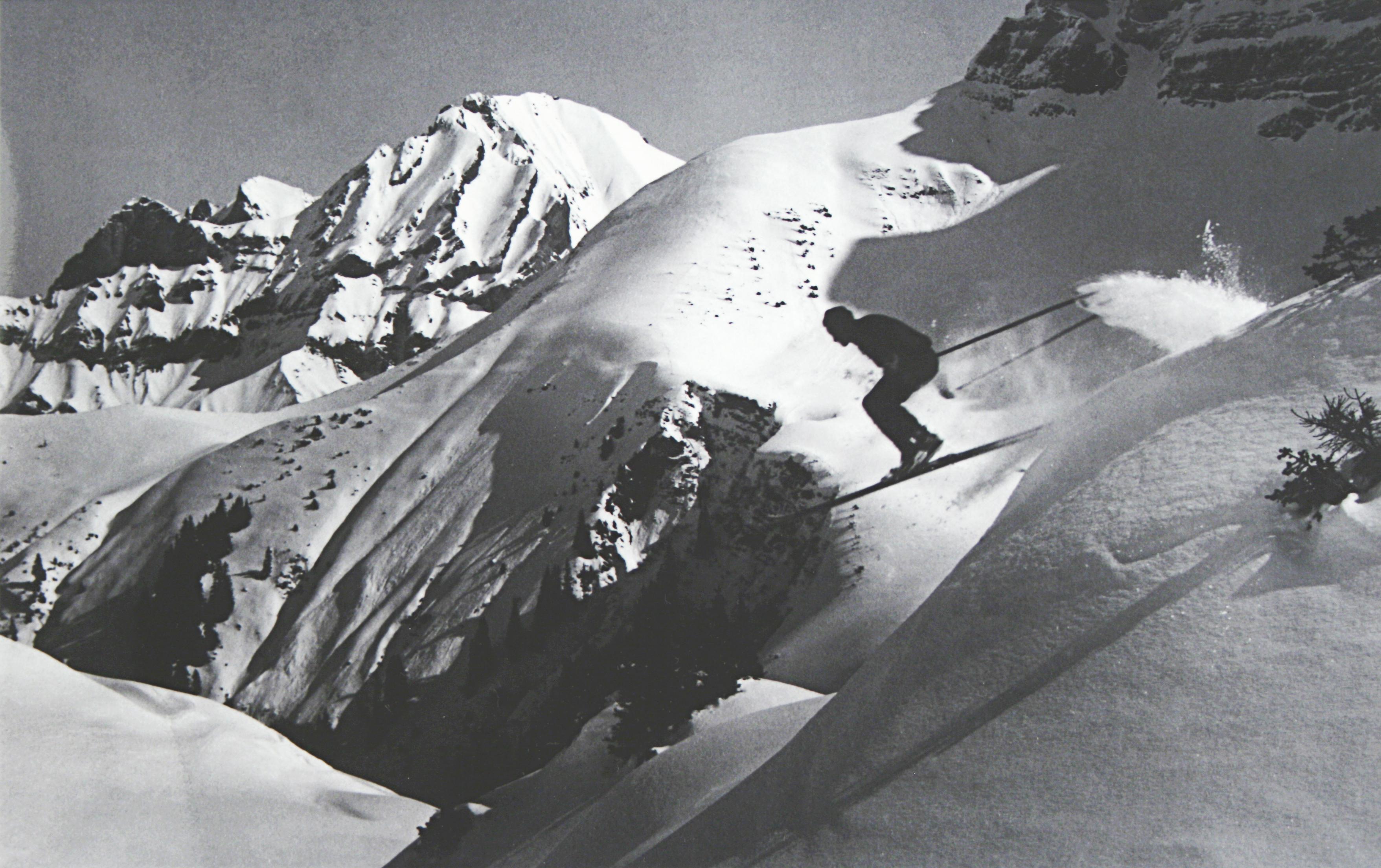 Vintage, Alpine Ski photograph.
'THE JUMP', a new mounted black and white photographic image after an original 1930s skiing photograph. Prior to being a recreational activity skiing was purely a means of travelling from A to B through the snow, it