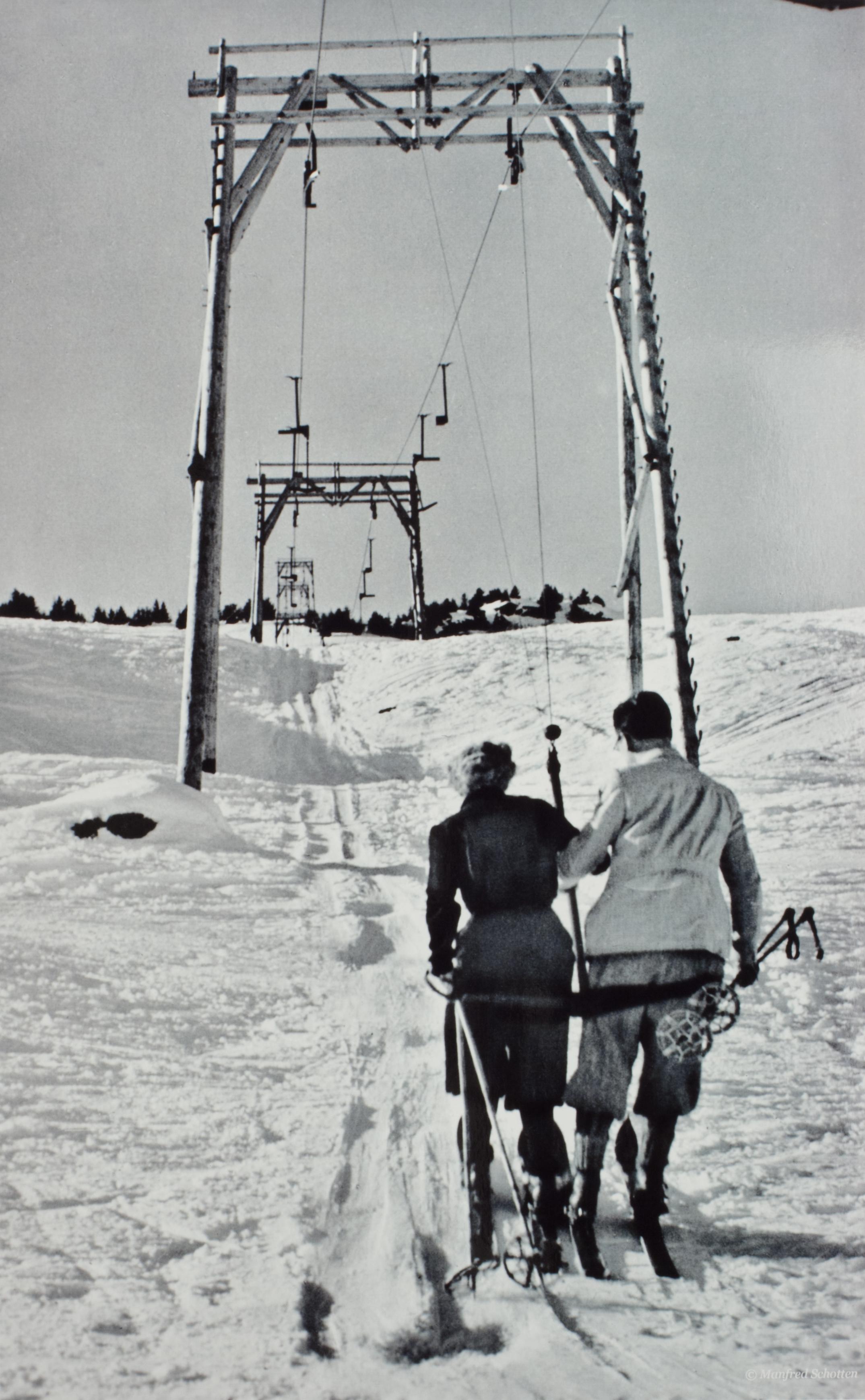 Vintage, antique Alpine Ski photograph.
'THE LIFT', a new mounted black and white photographic image after an original 1930s skiing photograph. Prior to being a recreational activity skiing was purely a means of travelling from A to B through the