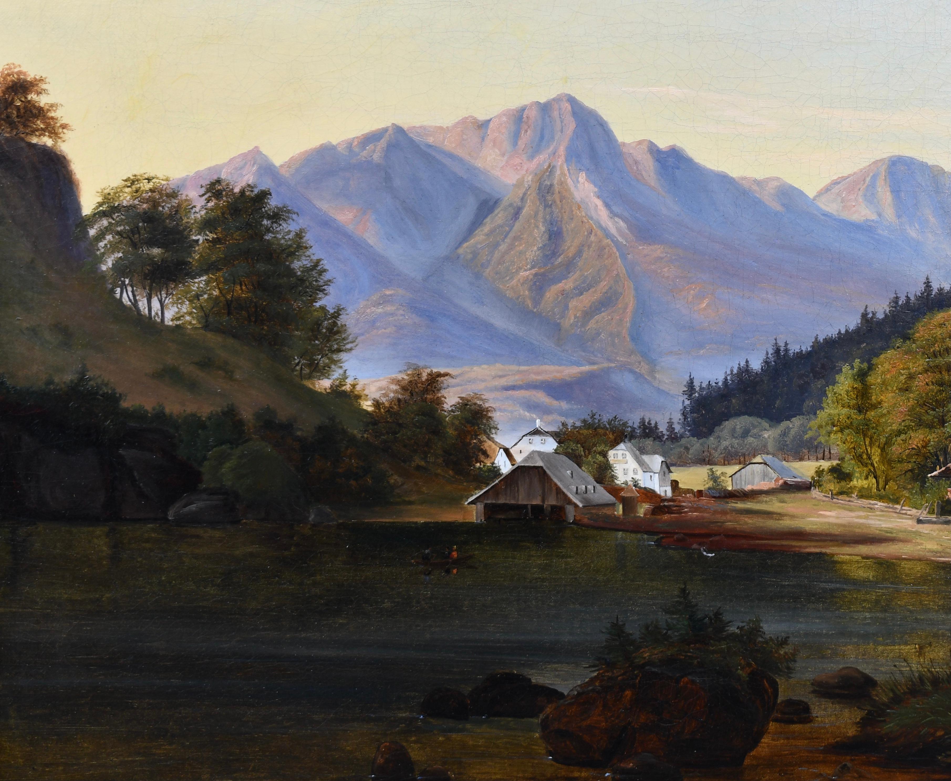 Alpine village at sunset attributed to Frederik Christian Kiærskou. 
Unsigned, oil on canvas. 
Kiærskou (1805-1891) was born in Copenhagen, Denmark. His father was a clerk in the Police Court (Politiret). He lost both parents at the age of nine