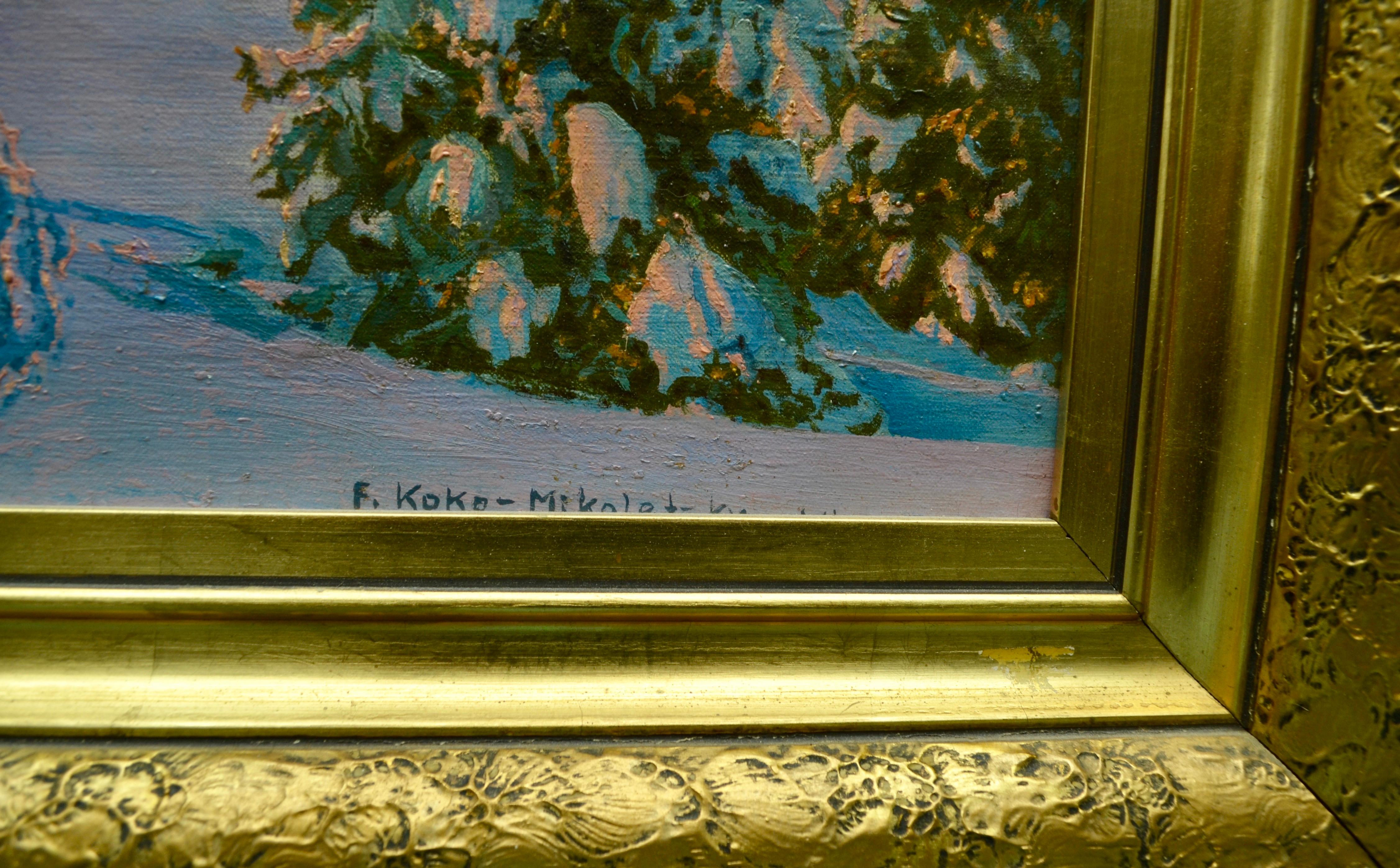 Painted Alpine Winter Scene by Austrian Artist Friedrich Albin Koko-Mikoletzky
