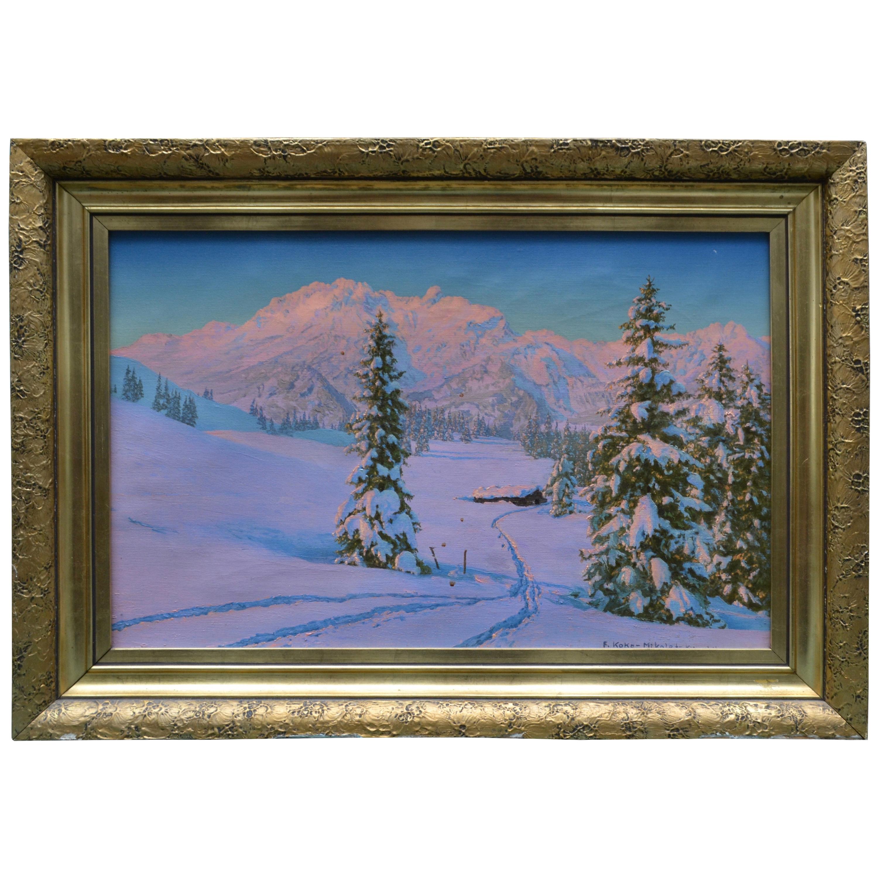 Alpine Winter Scene by Austrian Artist Friedrich Albin Koko-Mikoletzky