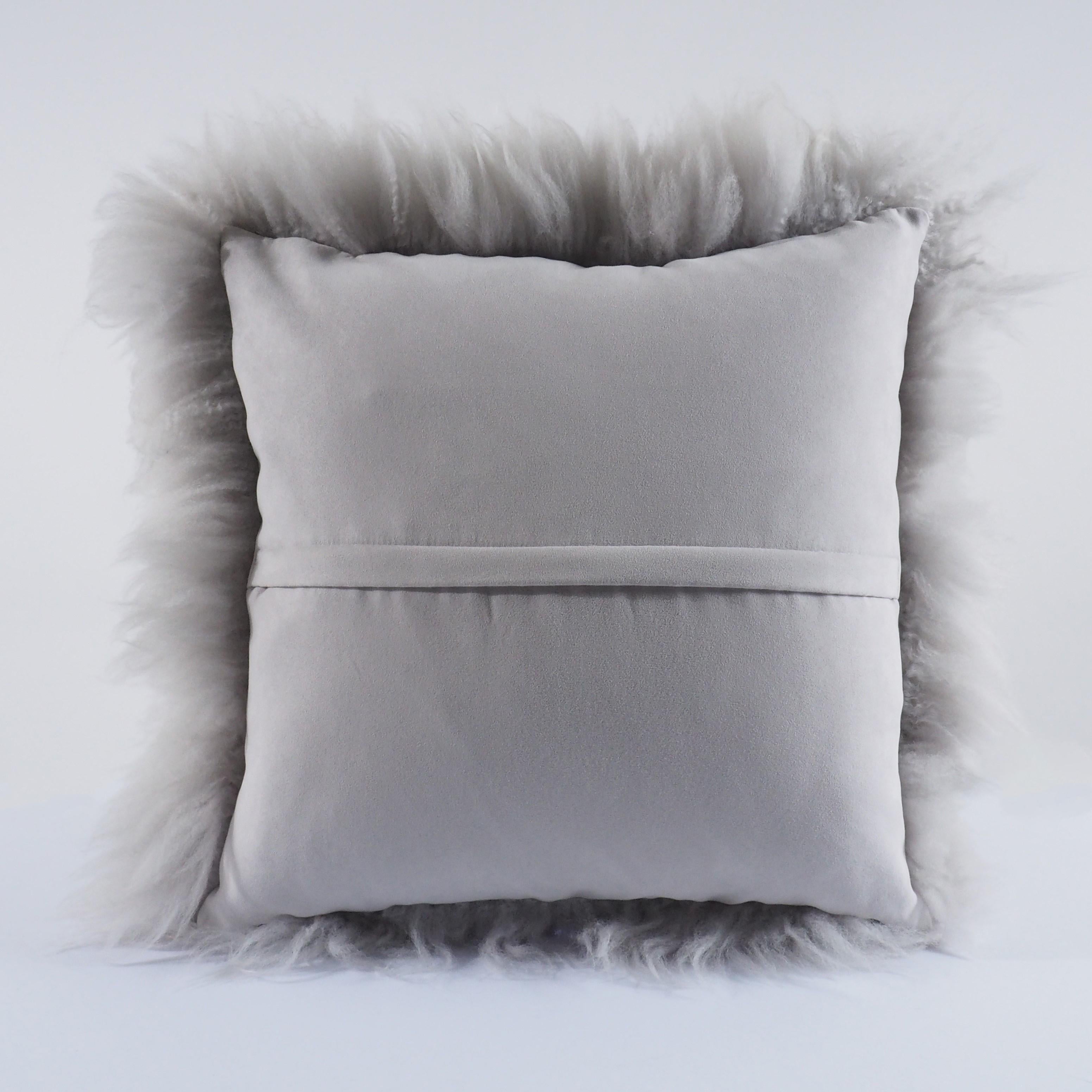 Italian Alps Light Grey Shearling Sheepskin Pillow Fluffy Cushion by Muchi Decor For Sale
