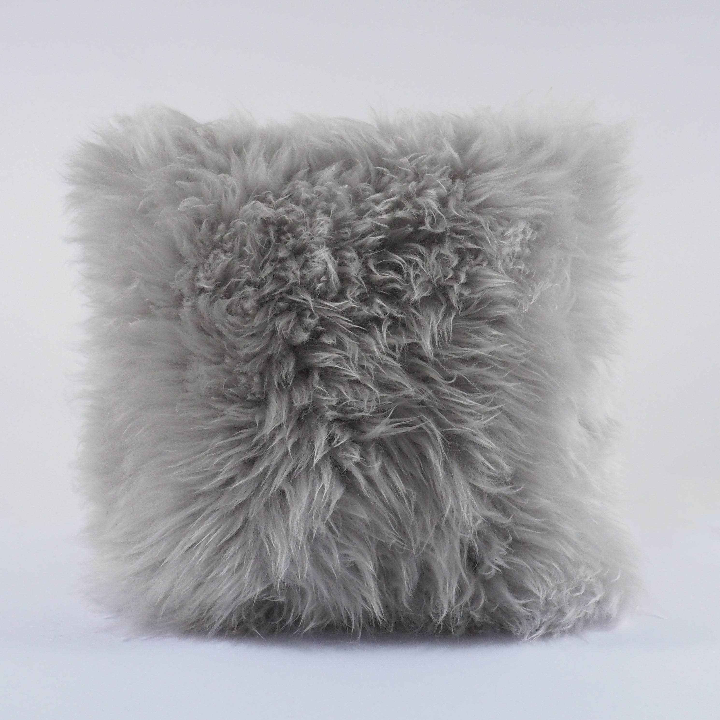 Alps Light Grey Shearling Sheepskin Pillow Fluffy Cushion by Muchi Decor In New Condition For Sale In Poviglio, IT