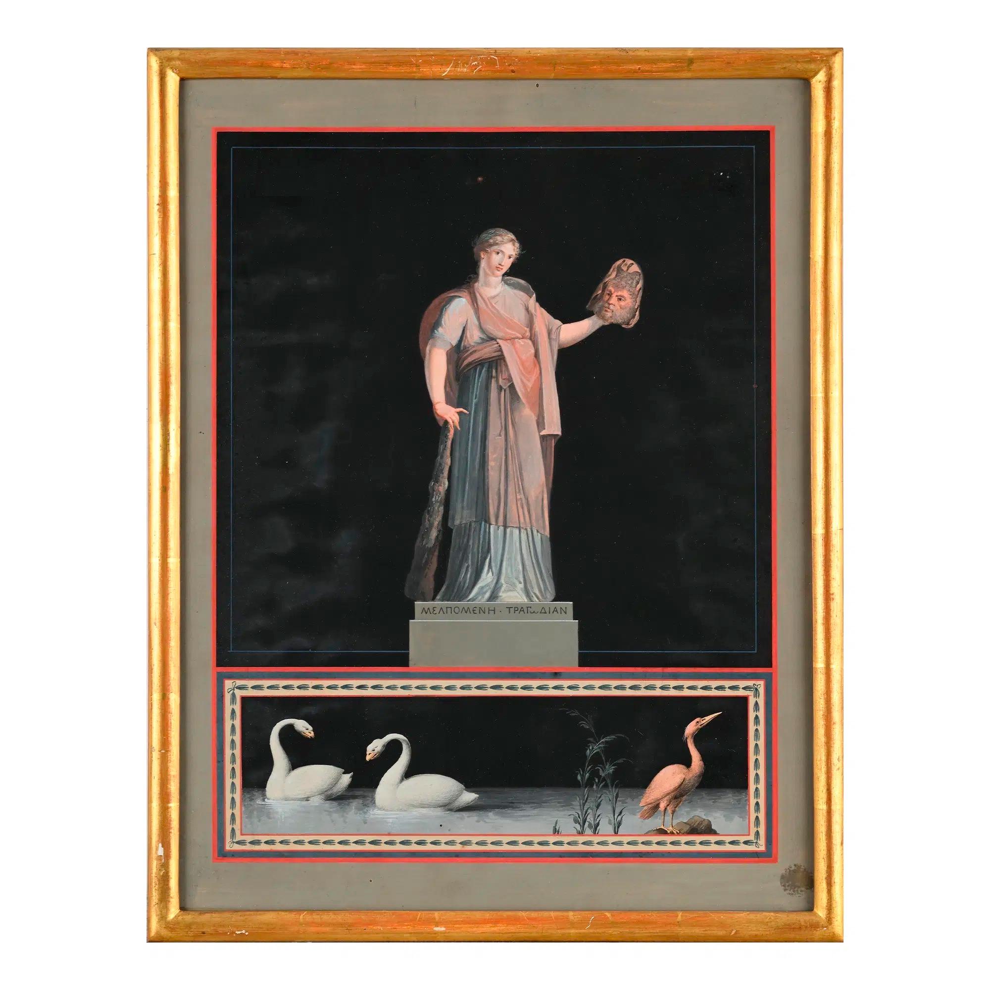 gouache on paper
Companions of Apollo, daughters of Jupiter and Mnemosyne (Memory), these nine classical Muses are associated with inspiration and learning. Each of these Muses holds a sphere of influence over poetry, song and other arts. Standing