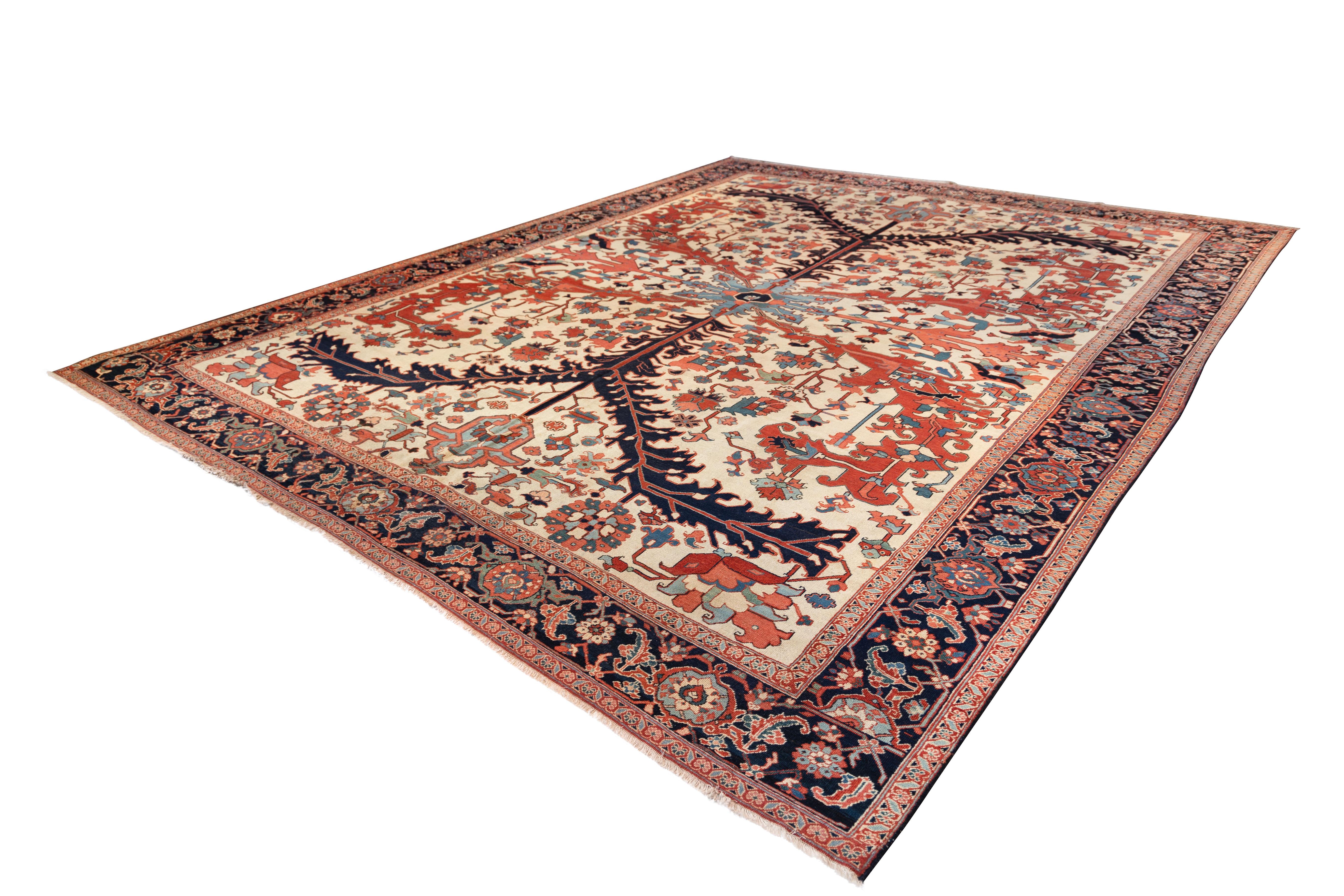 Perse Collection Alriz Exceptionnel tapis persan Serapi ivoire 19e siècle en vente