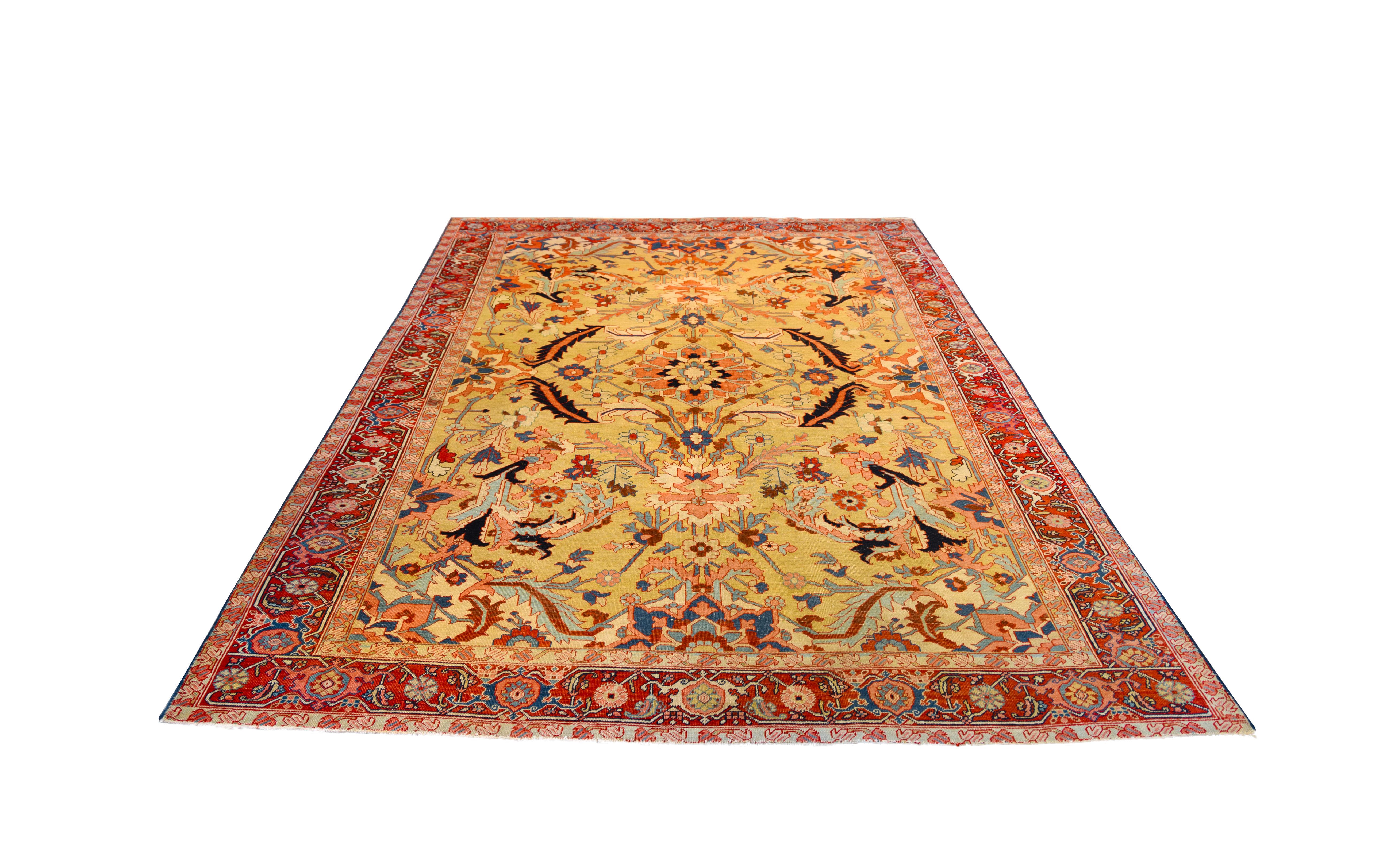 Hand-Woven Alriz collection Rare Gold persian Serapi rug 19th century For Sale