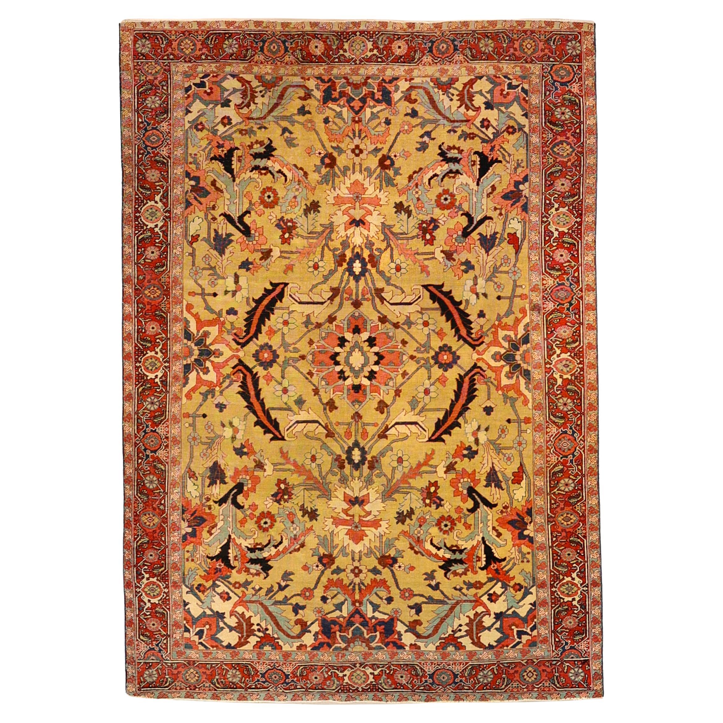 Alriz collection Rare Gold persian Serapi rug 19th century For Sale