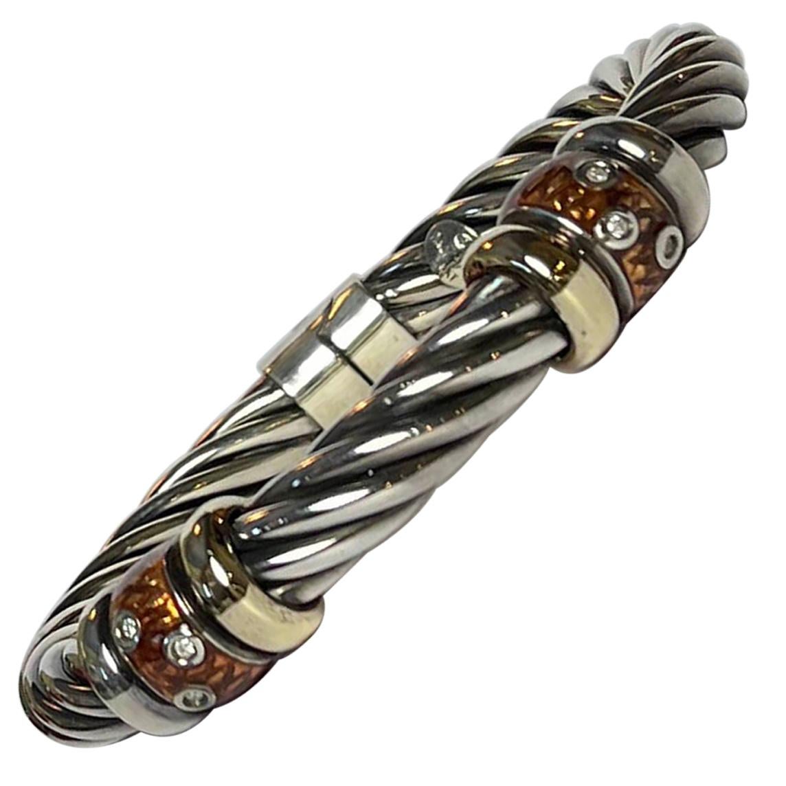 ALS Sterling Silver Cable Bangle Bracelet w/ 18K Gold, Diamond & Enamel Detail