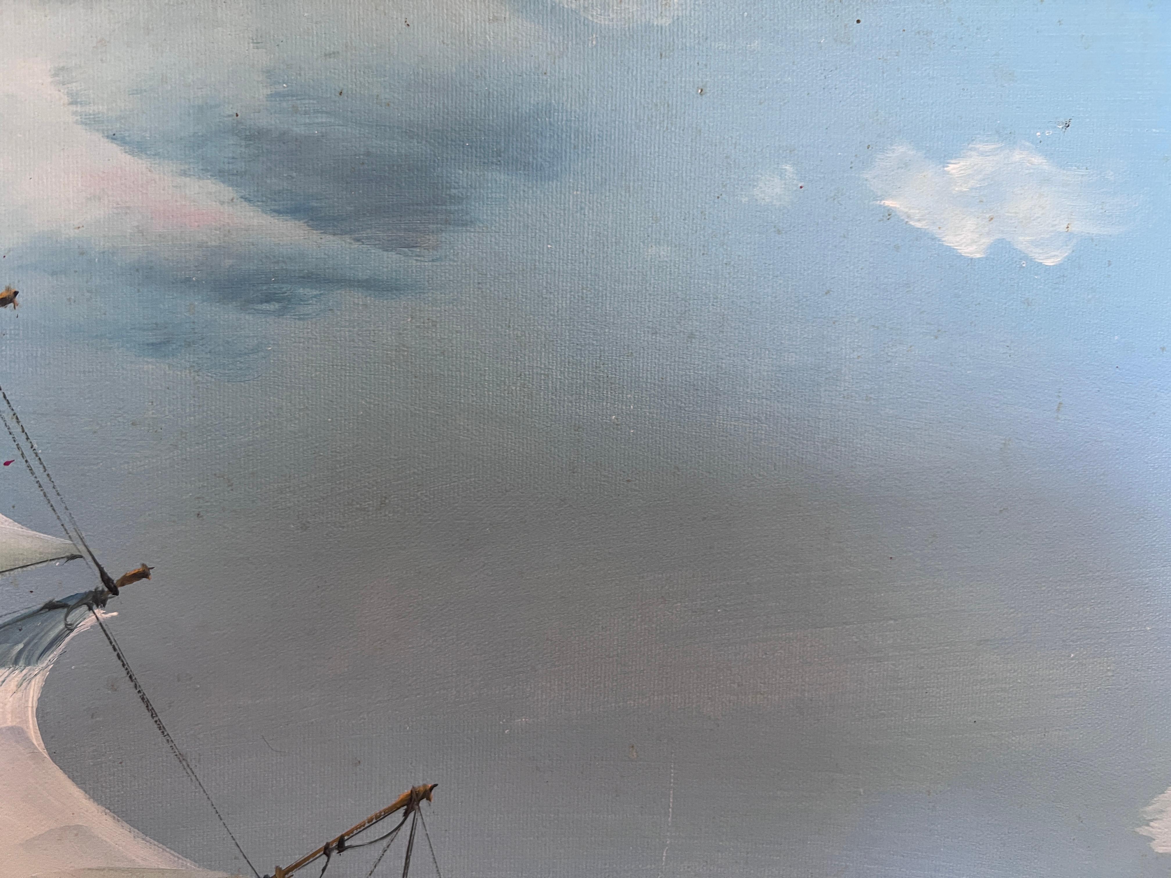 Original Ölgemälde auf Leinwand Seestück, Segelschiff, signiert Auch, Goldrahmen im Angebot 5