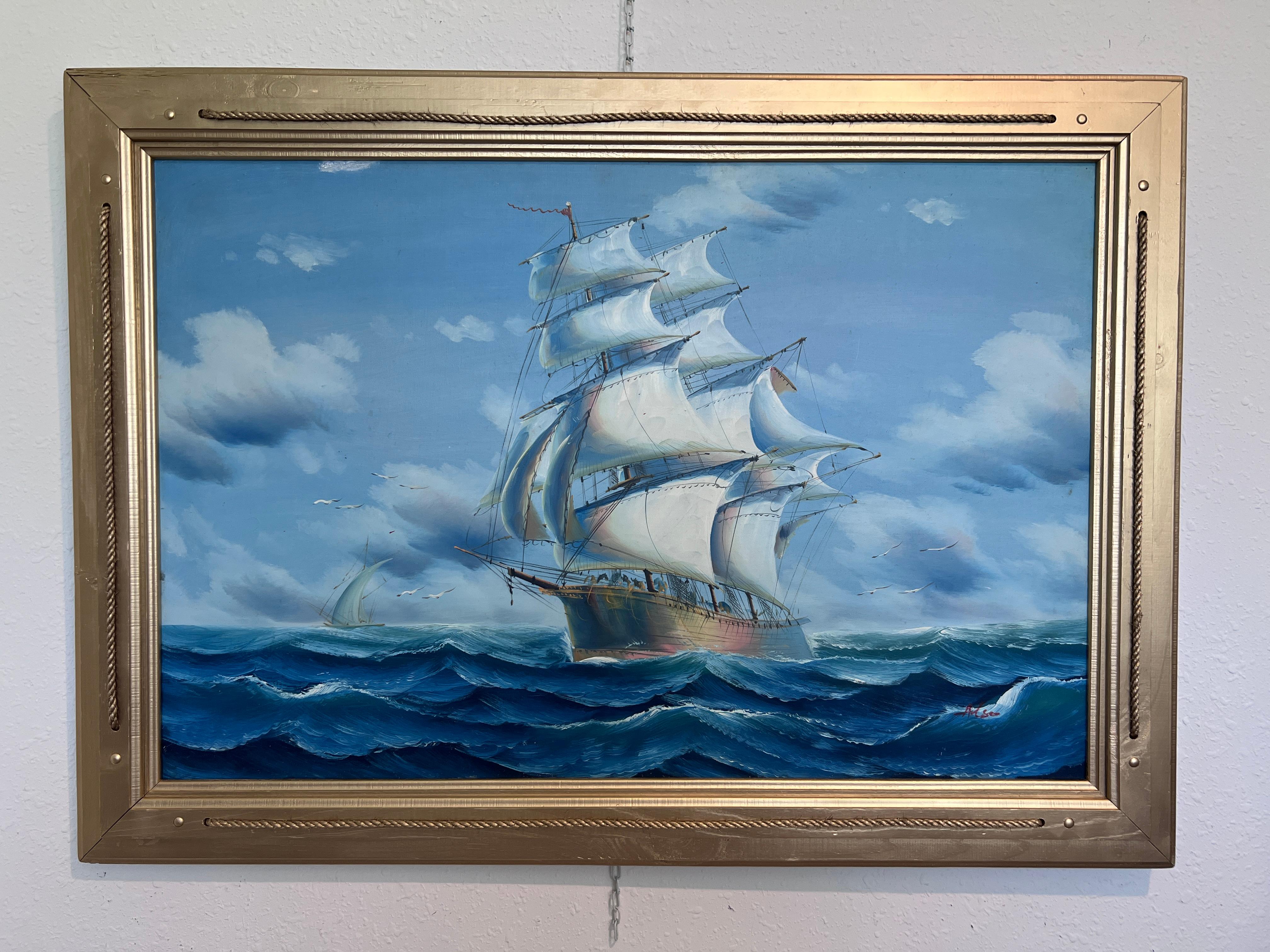 Original Ölgemälde auf Leinwand Seestück, Segelschiff, signiert Auch, Goldrahmen – Painting von Also