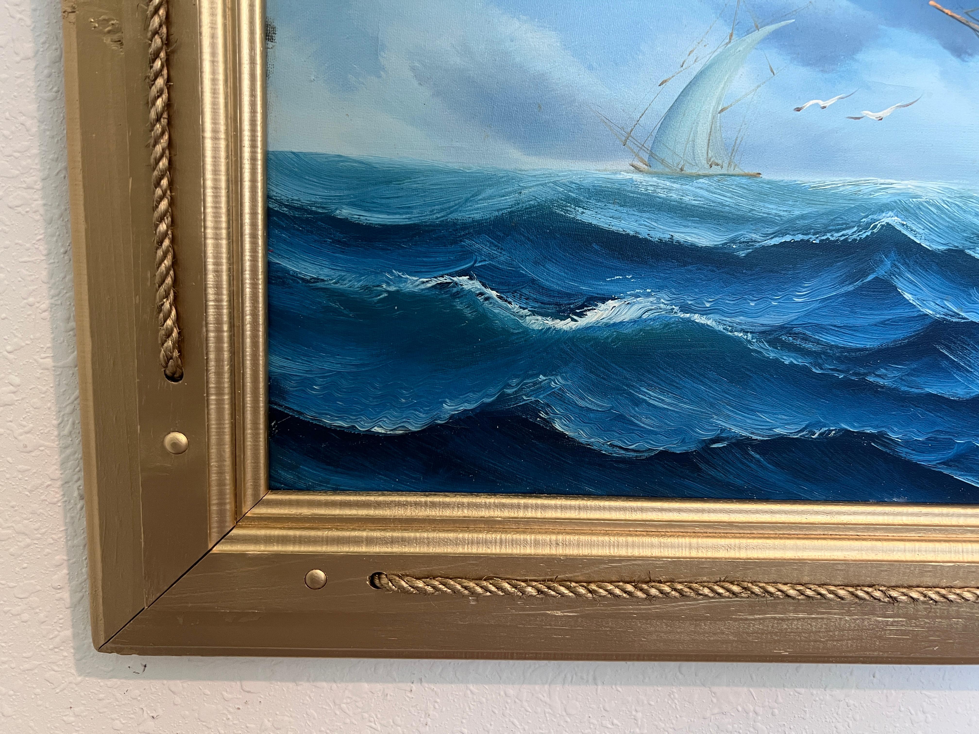 Original Ölgemälde auf Leinwand Seestück, Segelschiff, signiert Auch, Goldrahmen (Grau), Landscape Painting, von Also