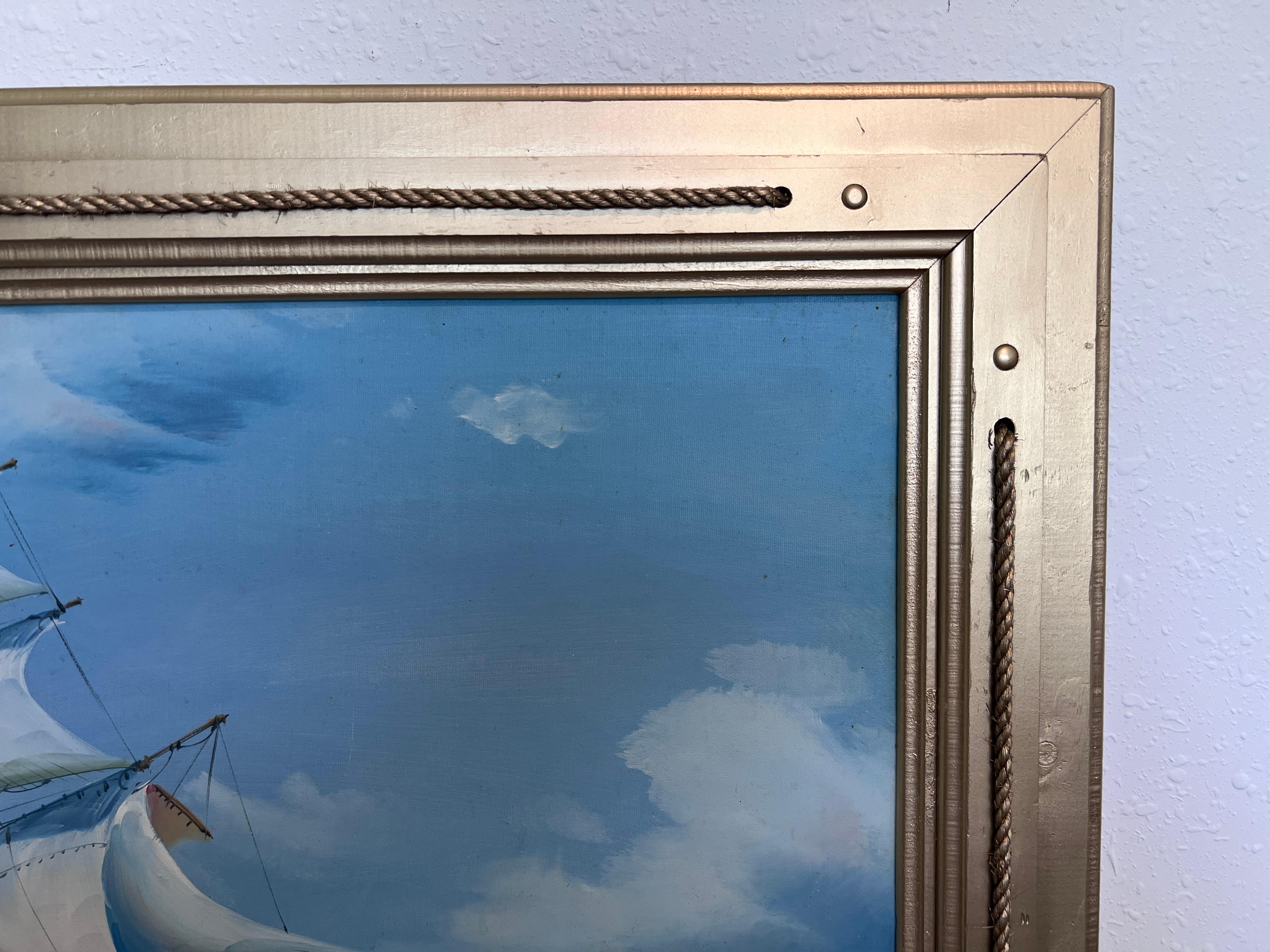 Original Ölgemälde auf Leinwand Seestück, Segelschiff, signiert Auch, Goldrahmen im Angebot 1