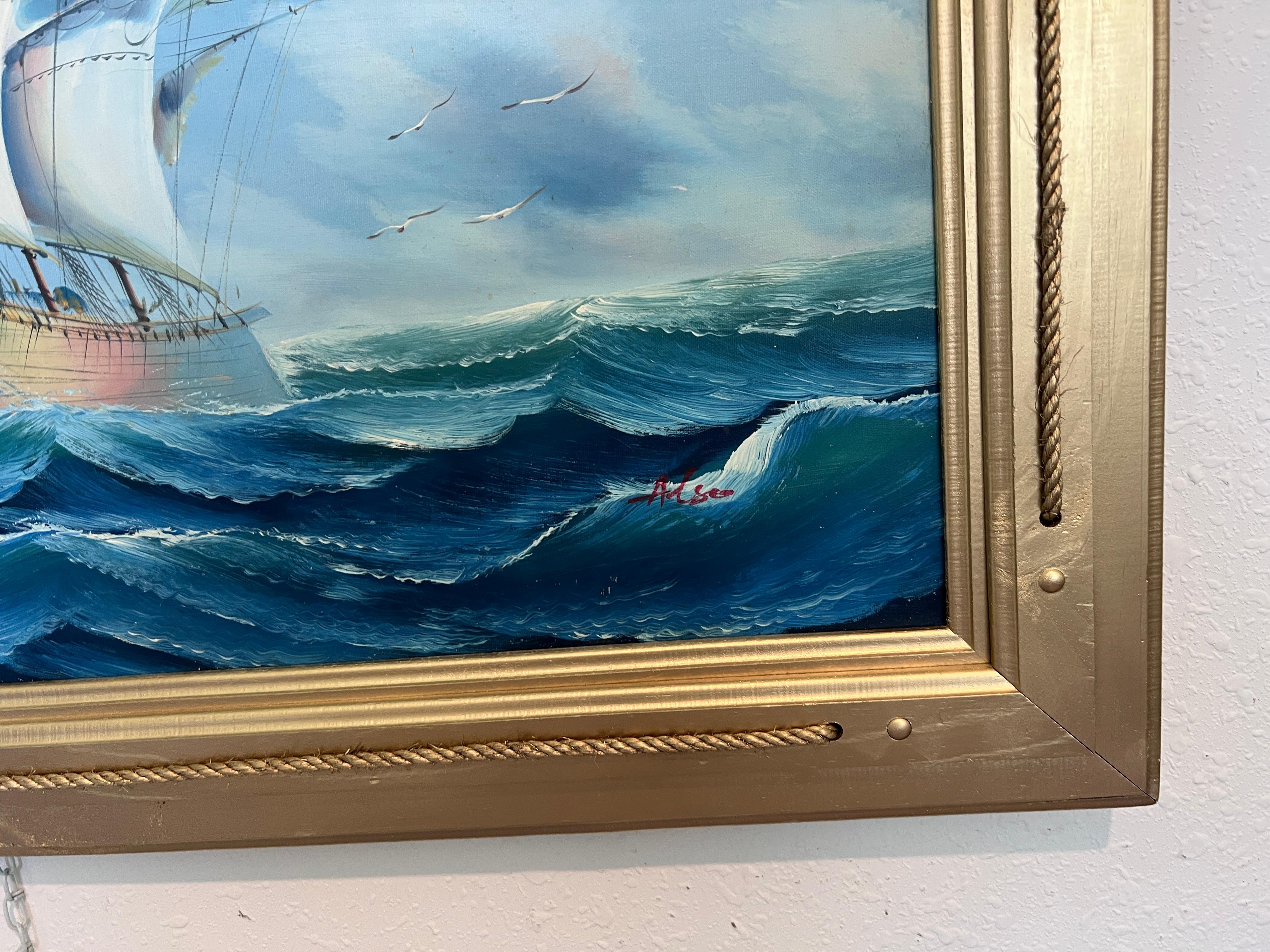 Original Ölgemälde auf Leinwand Seestück, Segelschiff, signiert Auch, Goldrahmen im Angebot 2