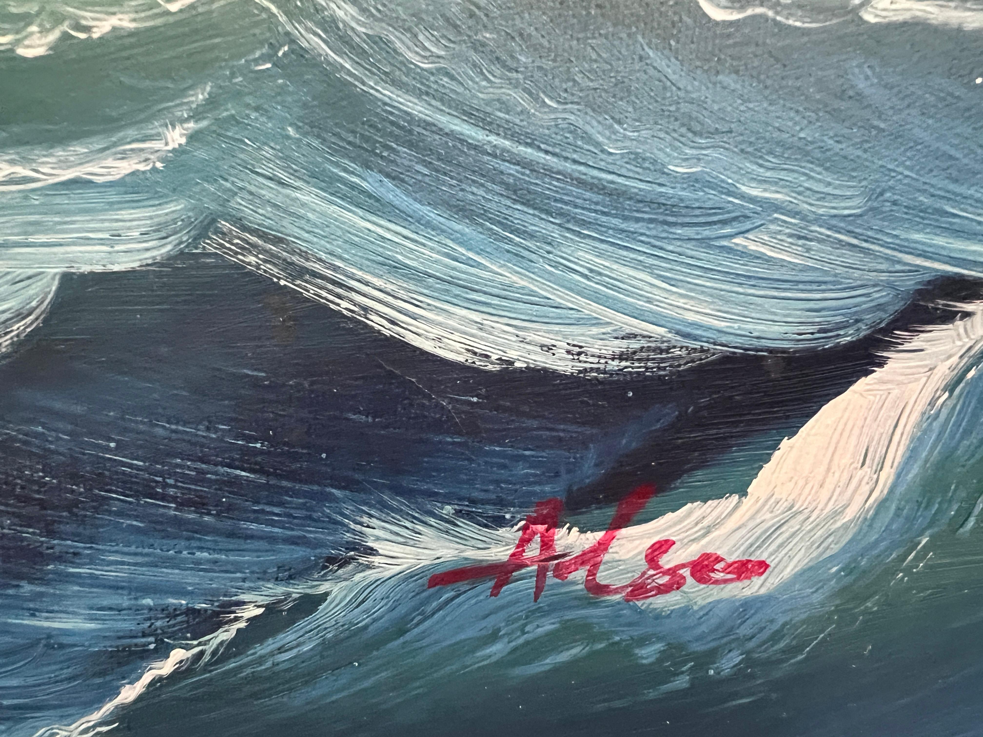 Original Ölgemälde auf Leinwand Seestück, Segelschiff, signiert Auch, Goldrahmen im Angebot 3