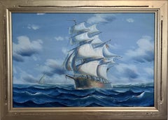 Original Oil painting on canvas seascape, Sailing Ship, signed Also, Gold Frame