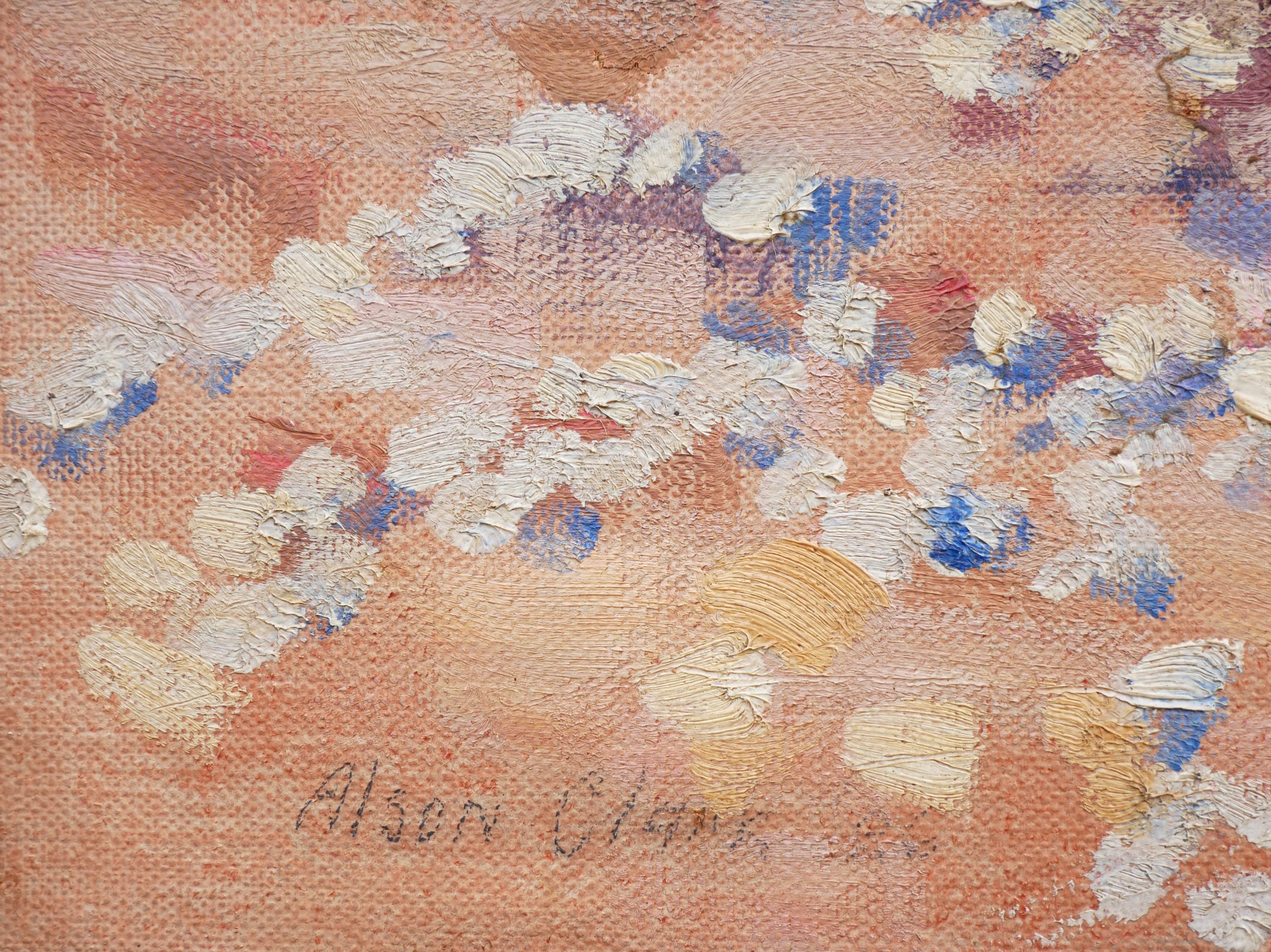 Pintura impresionista al pastel del artista estadounidense Alson Skinner Clark. La obra muestra un arroyo serpenteante que atraviesa un paisaje pastoral con ondulantes montañas al fondo. Firmado y fechado en la esquina inferior izquierda.