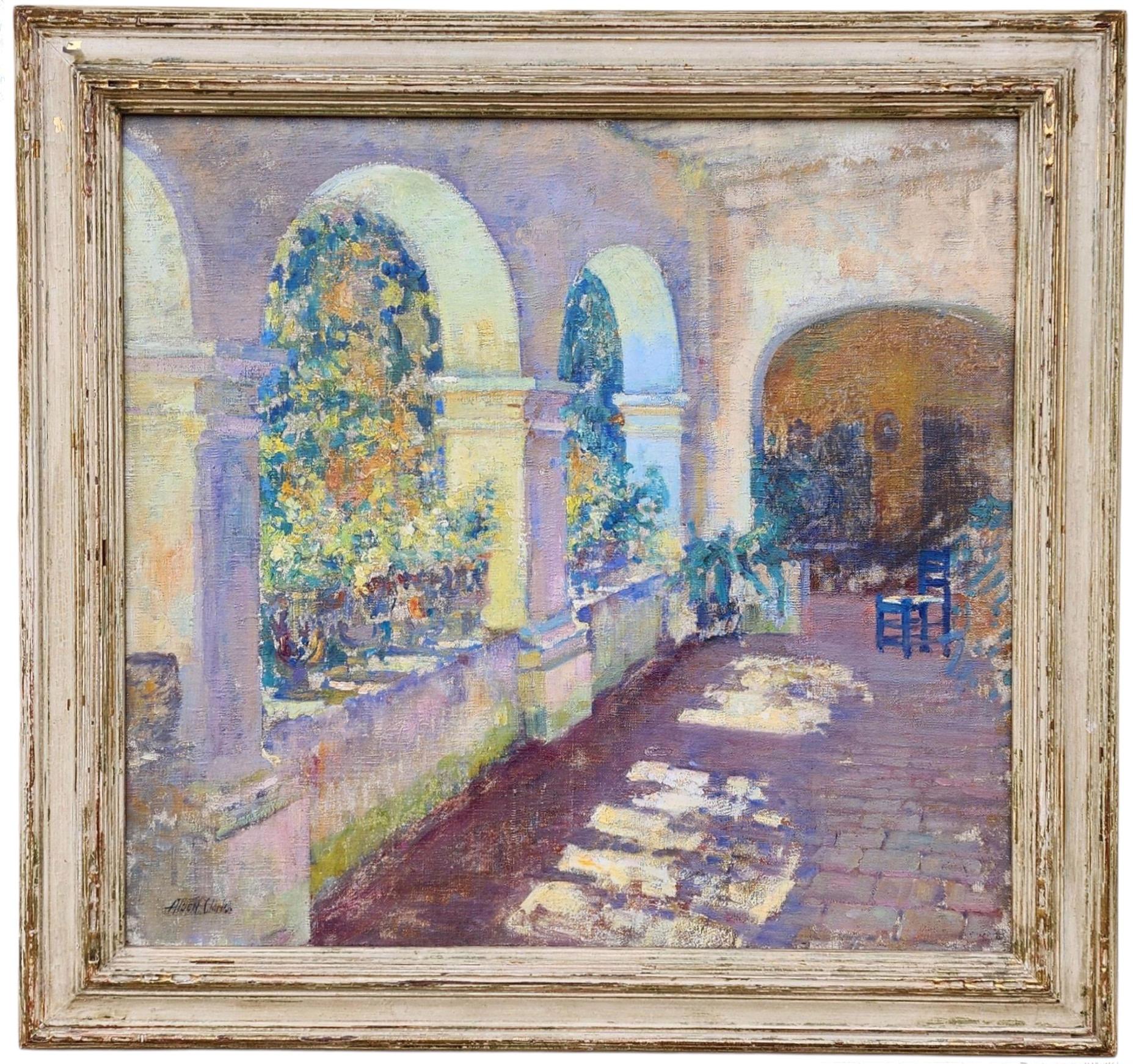 Morning Sunlight in The Patio, Mission San Juan Capistrano, Impressionist - Painting di Alson Skinner Clark