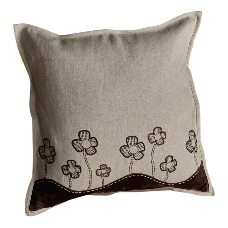 Alsop, Hand Embroidered Beige and Brown Floral Cushion For Sale