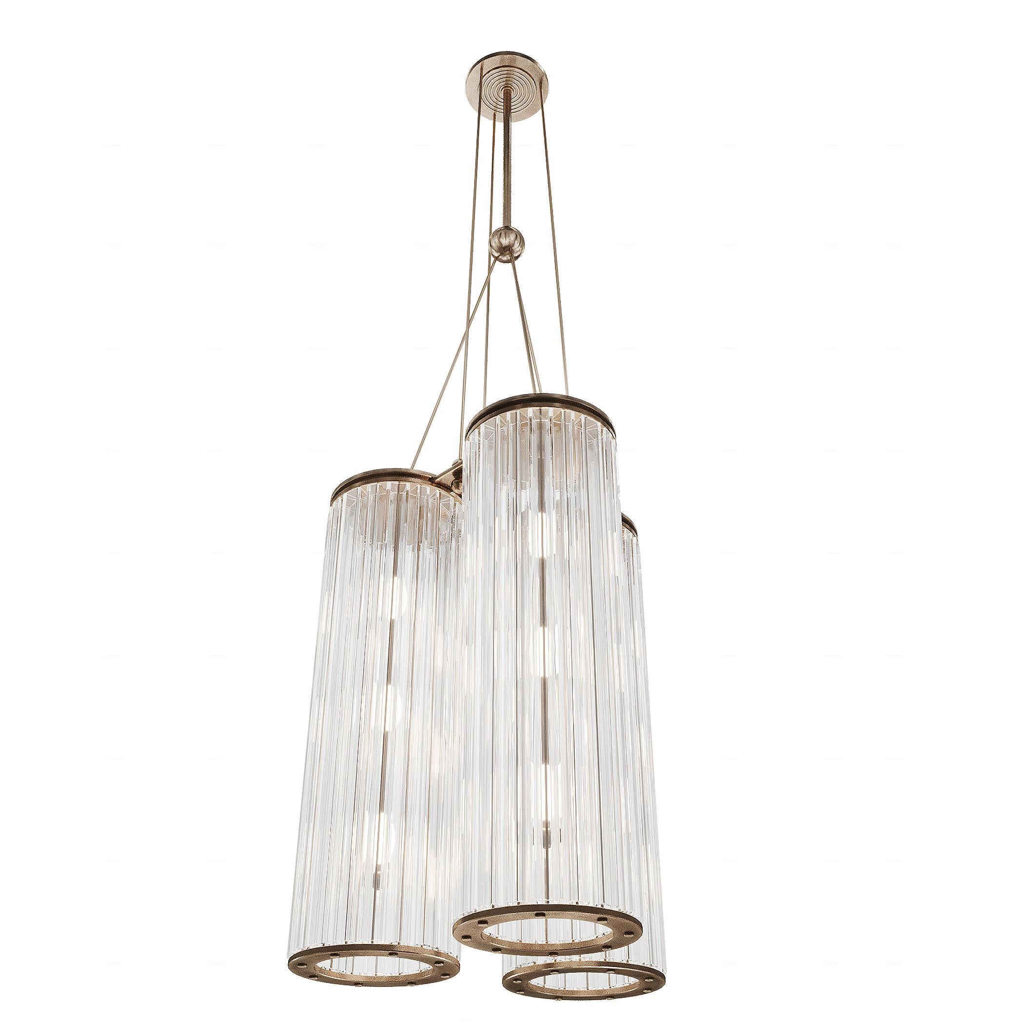 The Altair III contemporary chandelier is the perfect piece for high-ceiling space, including atrium and staircases. The bearing metal structure is elegant and geometrical. All functional elements are hidden in metal bars and balls, that play the