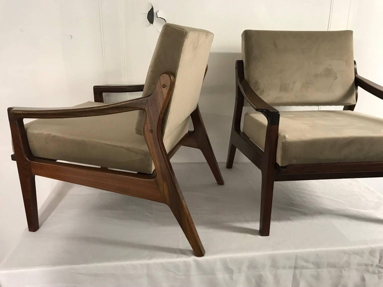 Altamira armchairs, Portugal, 1960s, pau santo wood, recently reupholstered with a grey velvet.