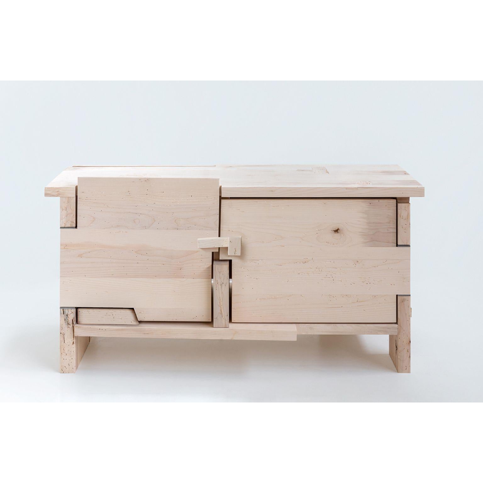 Altamira Side Table by Secondome Edizioni and Studio F
Designer: Simone Fanciullacci.
Dimensions: D 54 x W 140 x H 73 cm.
Materials: Solid woodworm maple wood.

Collection / Production: Secondome + Studio F. This buffet can also be used as a side