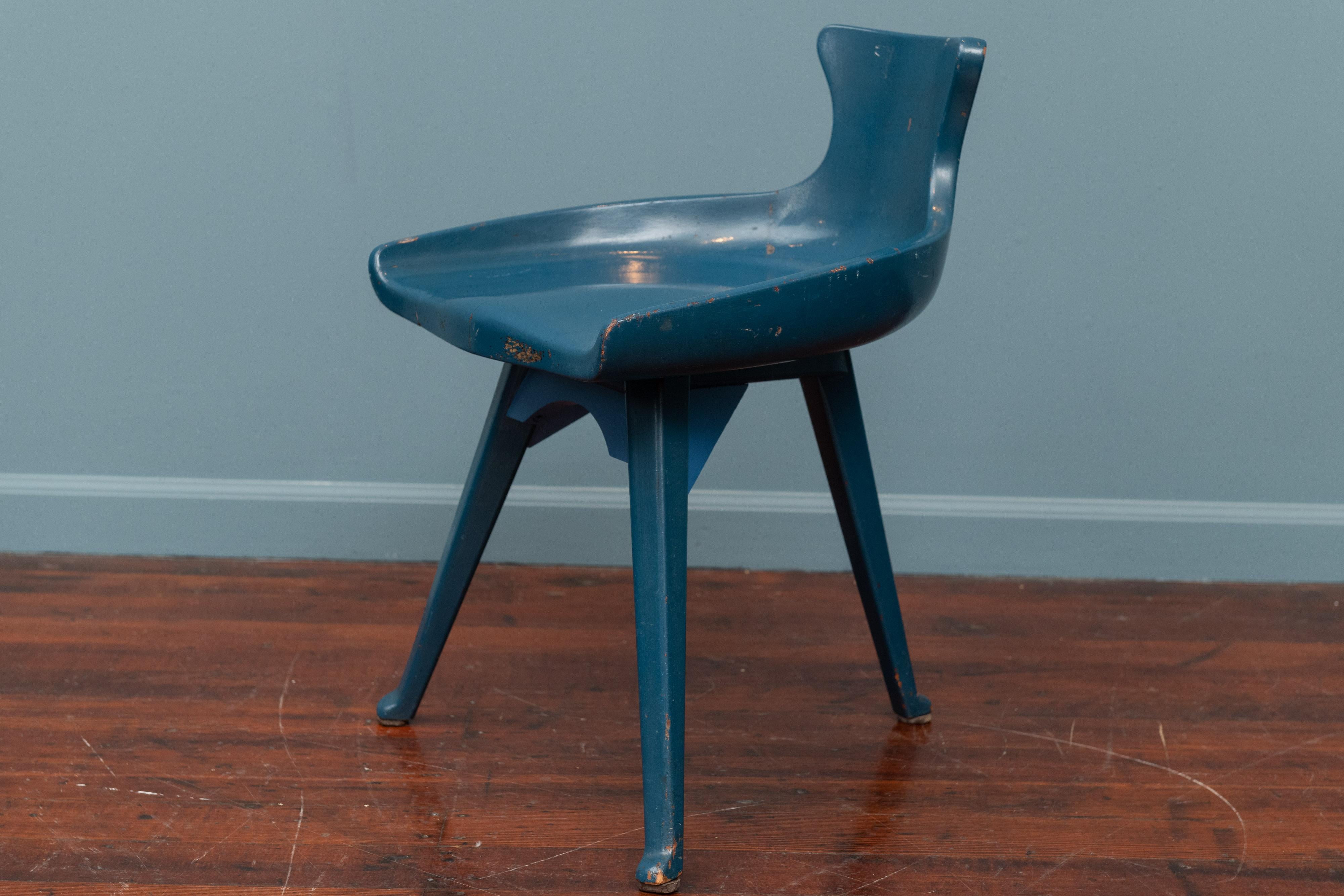 Unusual Folk Art chair by Altamira, Italy. Painted blue at some point with added leg supports but charming nonetheless.
