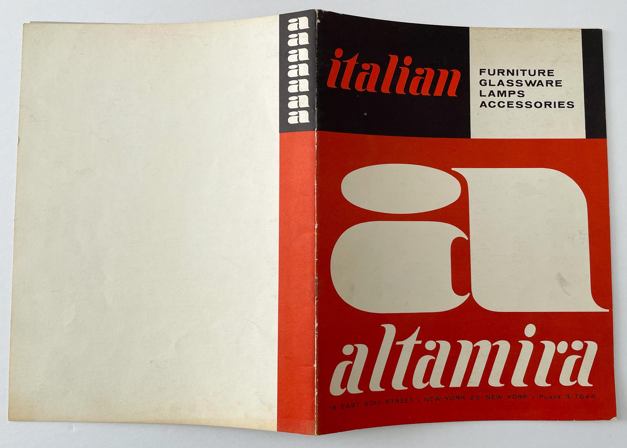 Catalog showcasing high-end Italian furnishings and accessories, published circa 1956 by the fabled Altamira design center located at 18 East 50th St in New York City. Per the introduction, “Altamira is the only center in this country where